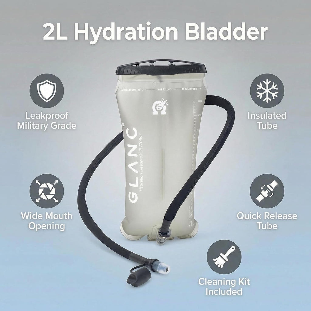 GLANC Hydration Bladder - 2L Water Bladder with Cleaning Kit for Outdoor Hiking Backpack, BPA Free Leakproof Water Reservoir for Hydration Pack, Insulated Hose & High Flow Bite Valve