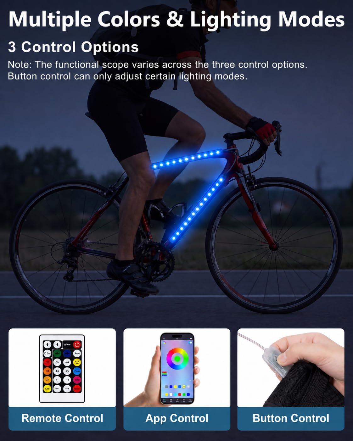 JUSJUBR LED Bike Lights for Night Riding, Multiple Colors and Lighting Modes, App & Remote Control, Colorful LED Strip Lights with Battery Box for Bicycles and Scooters