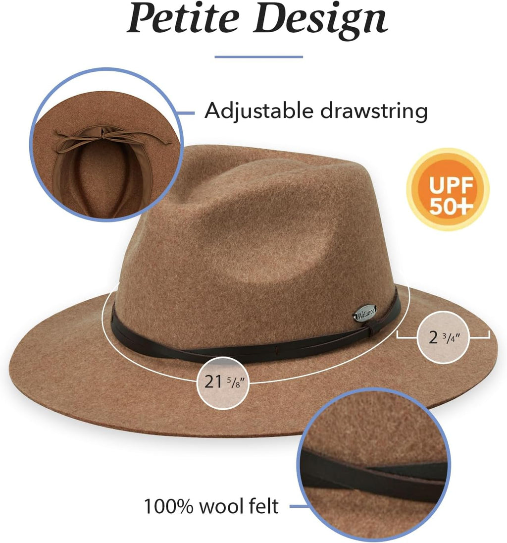 Wallaroo Hat Company Women’s Petite Aspen Fedora – UPF 50+ Sun Protection, 100% Wool Felt, Adjustable, Packable, Black, Small