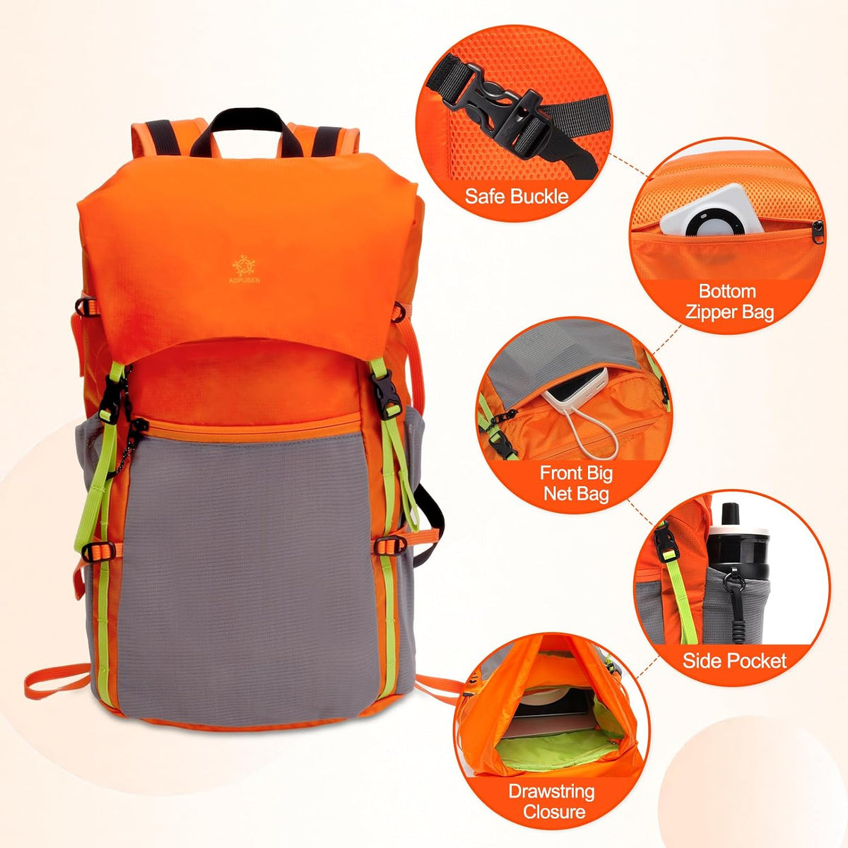 20L Hiking Backpack, Small Lightweight Daypack for Men Women,Orange