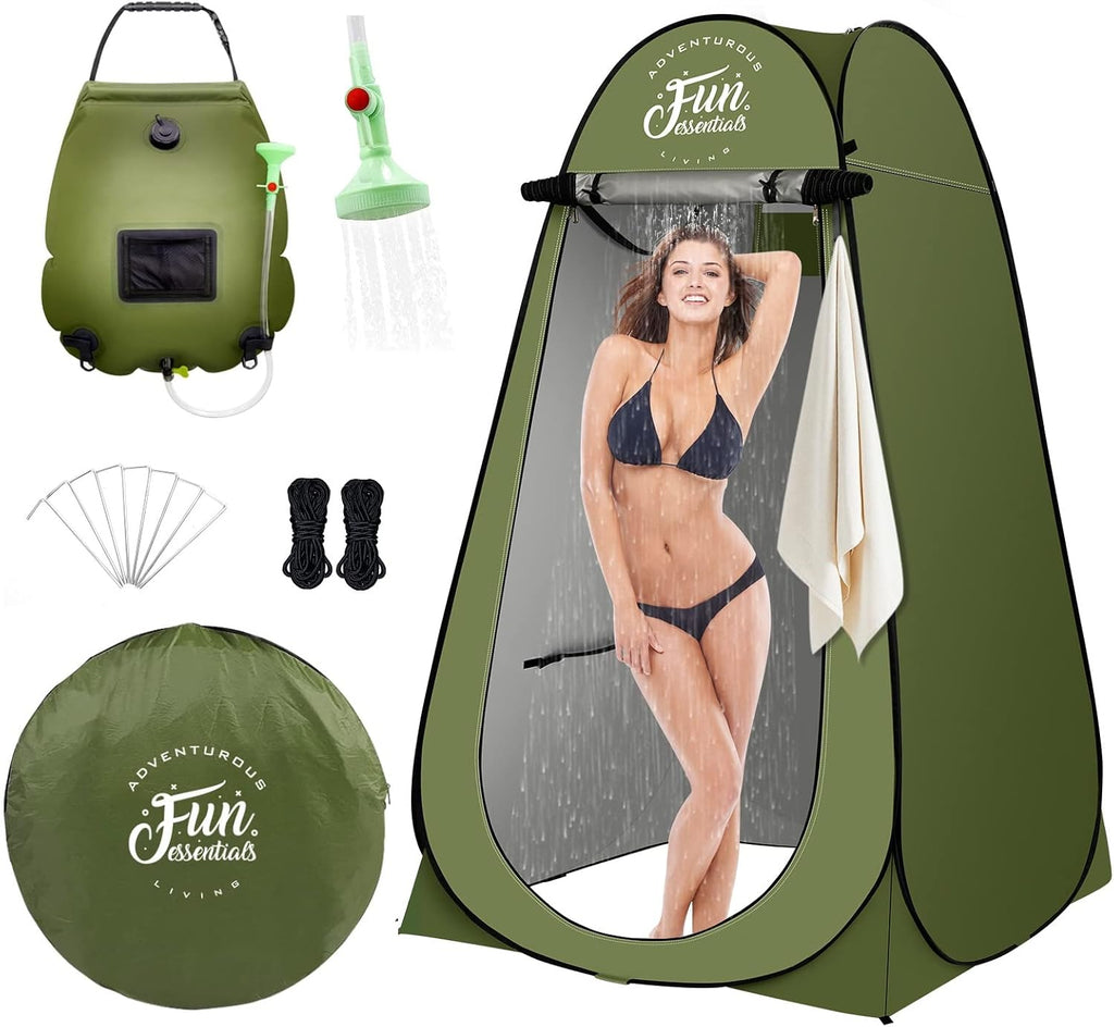 FUN ESSENTIALS Solar Shower Tent Kit, 2 Pcs, Instant Pop Up Privacy, Shower Tent, 5 Gallon Solar Shower Bag, Sun Canopy Beach Outdoor Camp Privacy, Easy Set Up, Foldable