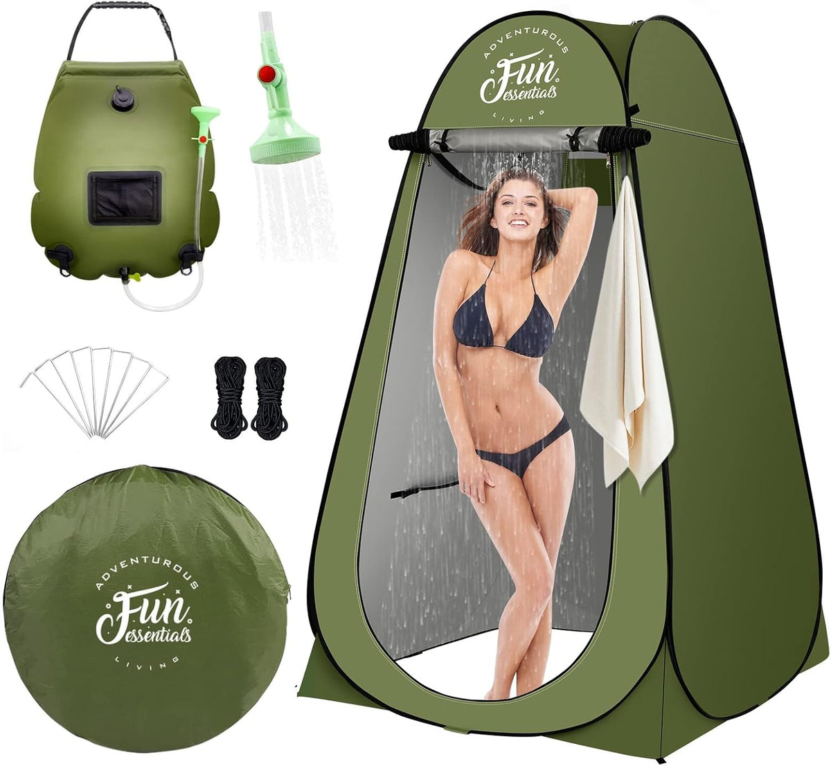 FUN ESSENTIALS Solar Shower Tent Kit, 2 Pcs, Instant Pop Up Privacy, Shower Tent, 5 Gallon Solar Shower Bag, Sun Canopy Beach Outdoor Camp Privacy, Easy Set Up, Foldable