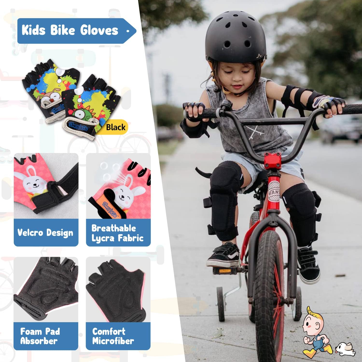 Soft-Style Kids Knee and Elbow Pads with Bike Gloves, Flexible Impact-Resistant Gear for Ages 2-11, Designed for Balance Bikes, Roller-Skating, and Skateboarding