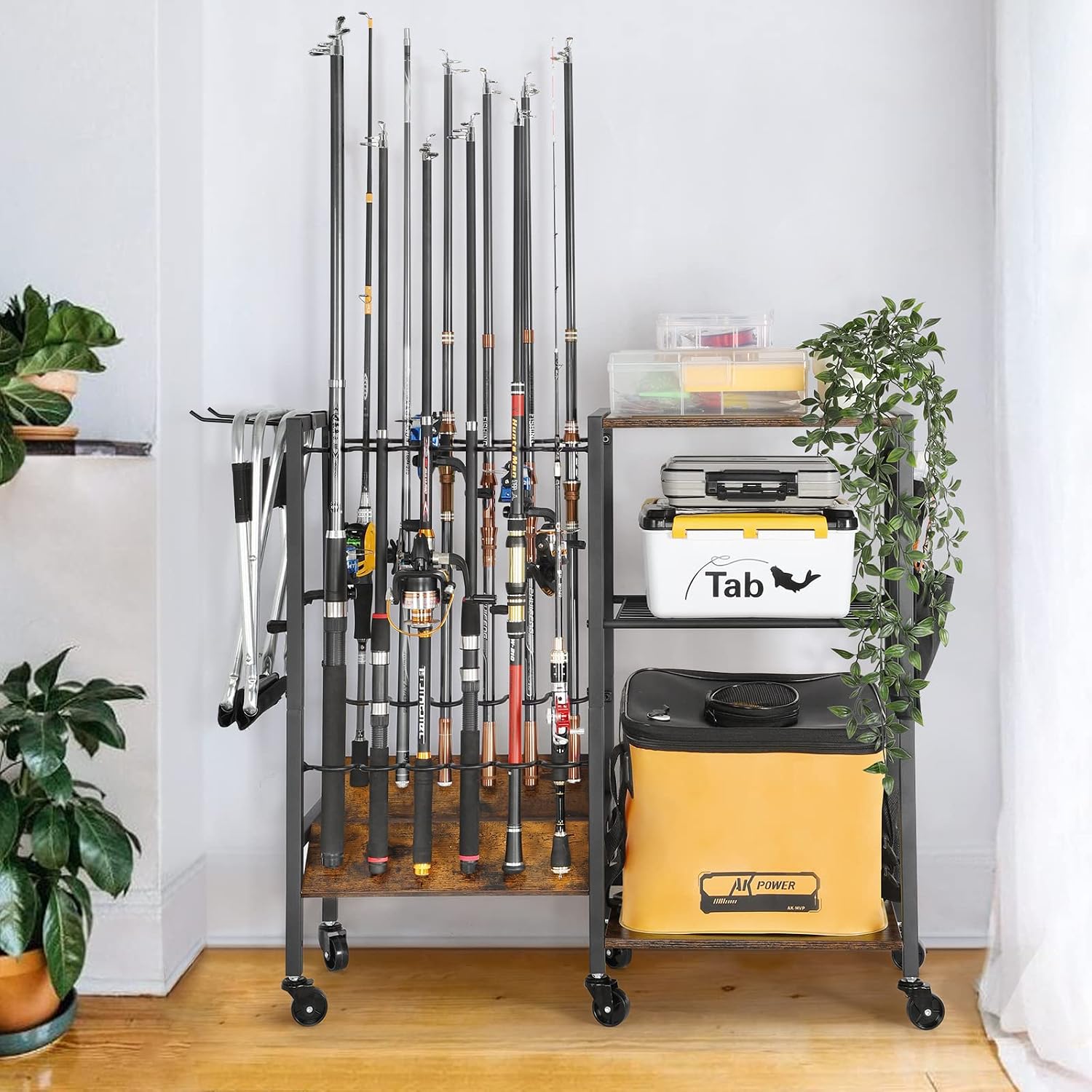 Olakee Fishing Rod Holders, Rolling Fishing Rod Rack for Garage & Boat, Tackle Box & Reel Holder Cart, Easy Assembly Fishing Gear Management System, Ideal Birthday Gift for Men Dad Anglers