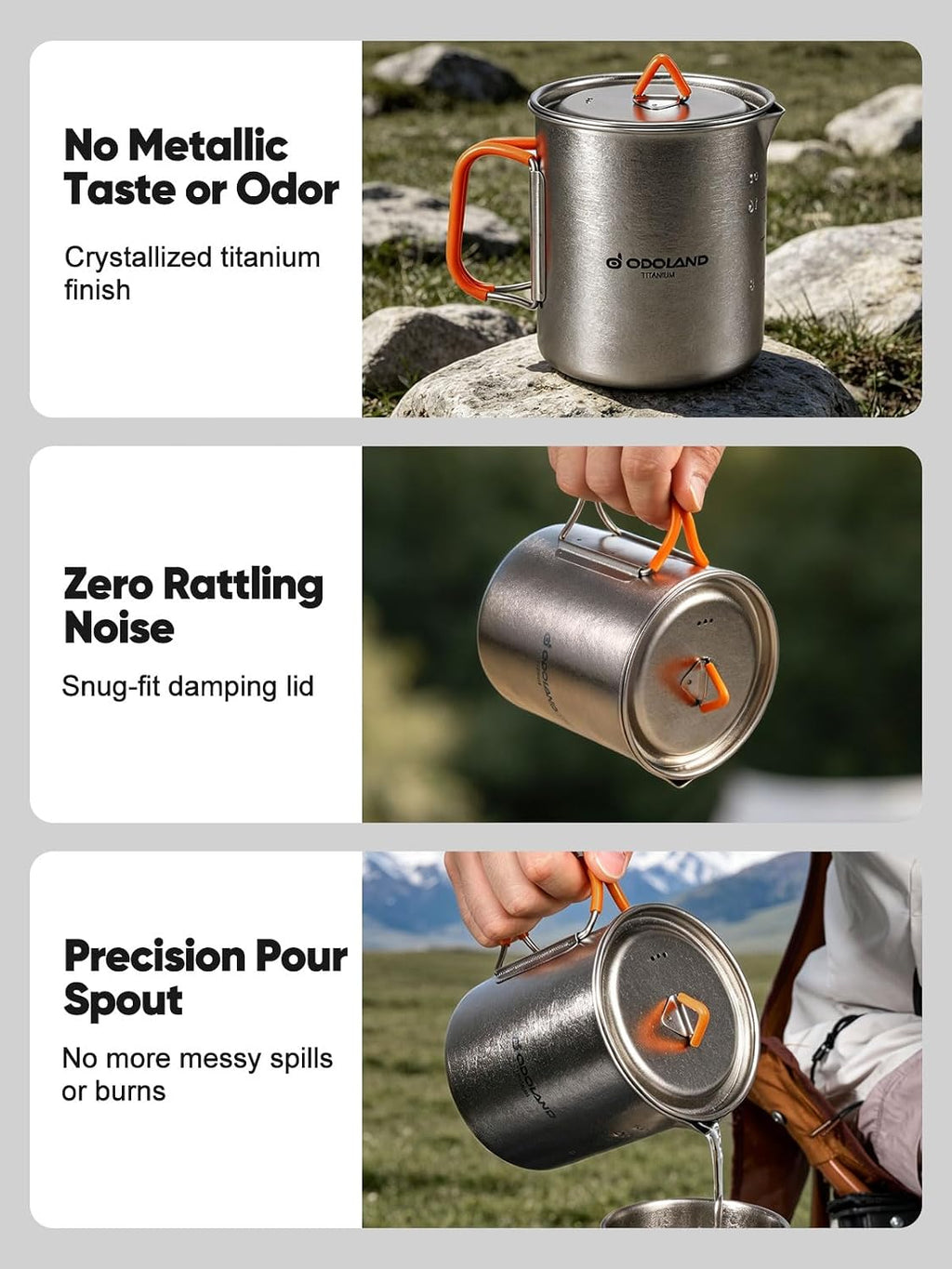Odoland Titanium Camping Cookware 420ML & 750ML Titanium Pot with Lid and Spork Lightweight Camping Pot for Backpacking Hiking Traveling and Picnic