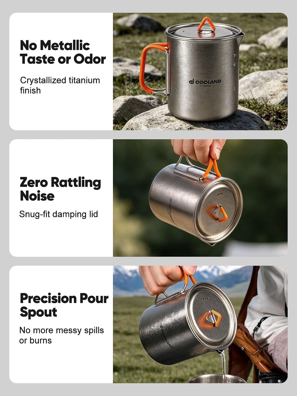 Odoland Titanium Camping Cookware 420ML & 750ML Titanium Pot with Lid and Spork Lightweight Camping Pot for Backpacking Hiking Traveling and Picnic