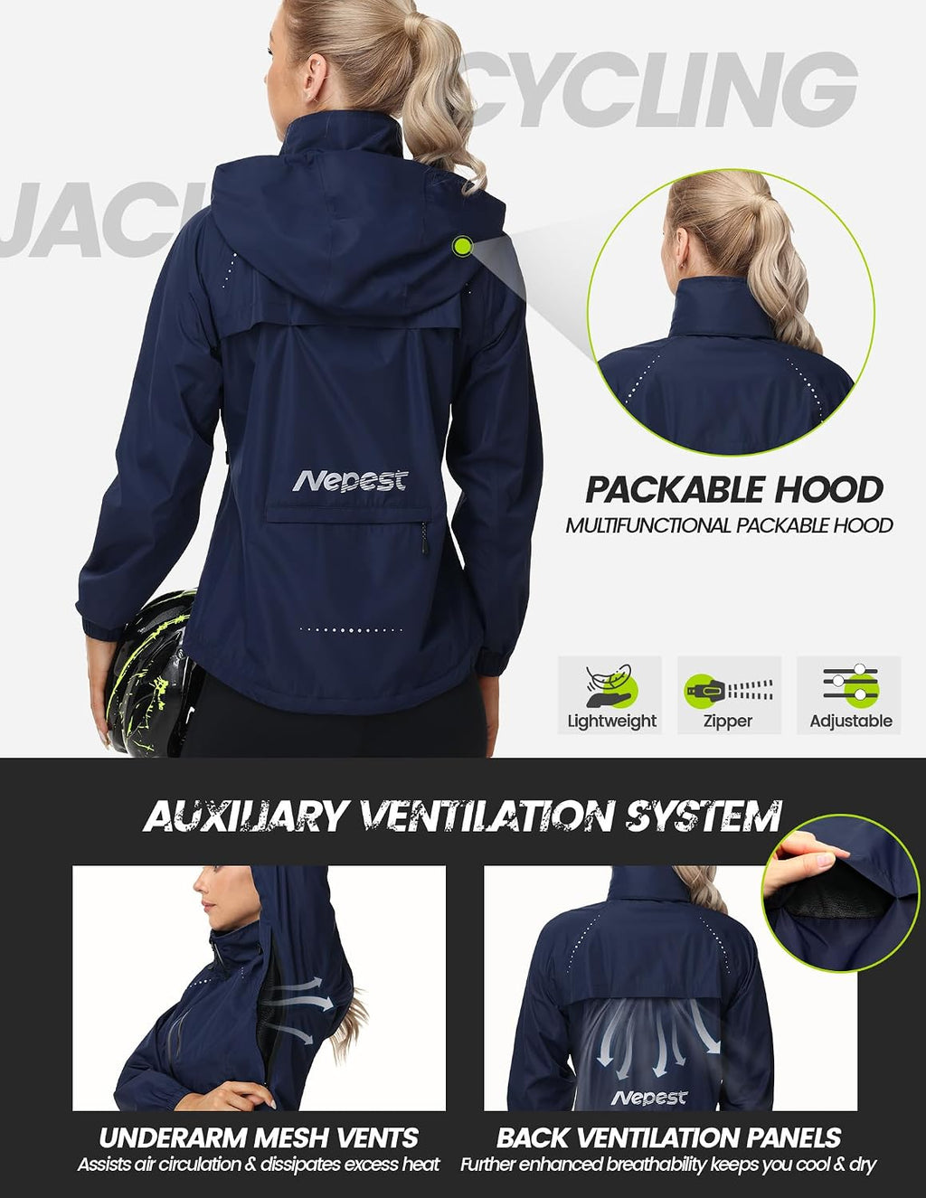 Nepest Womens Cycling Rain Jackets Biking Windbreaker with Hood UPF 50+
