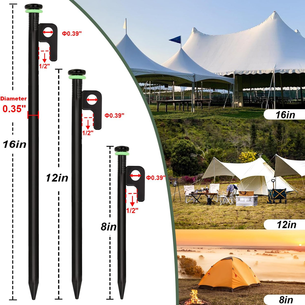 20Pcs Tent Stakes, 16in Heavy Duty Tent Stakes, Dia 0.35" Forged Steel Stakes Heavy Duty for Tent Used on Rocks, Grassland, Snowfield(20Pcs 16in Stakes)
