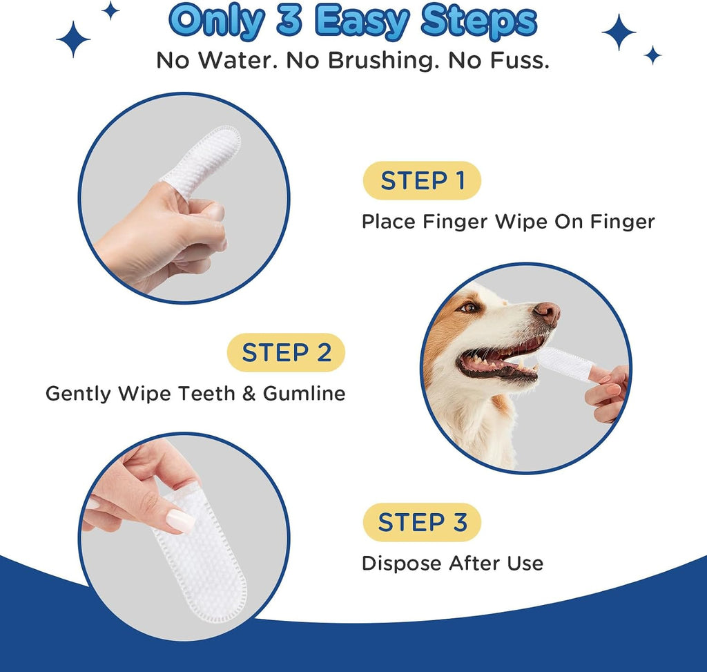 Pet Dental Finger Wipes for Dogs & Cats, 100 Count Pet Teeth Cleaning Wipes, Textured Finger Toothbrush Wipes for Fresh Breath, Plaque & Tartar Care, Gentle No-Rinse Oral Care