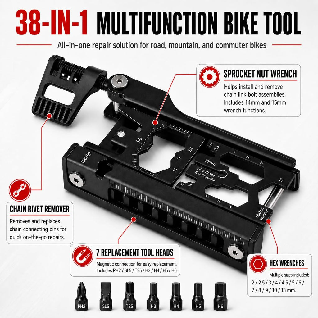 38-in-1 Bike Multitool – Portable Magnetic Bike Repair Tool Set with Tire Levers, Chain Cutter, Hex Wrenches, Spoke Wrenches, Box Spanner, Bottle Opener, and Includes Storage Bag