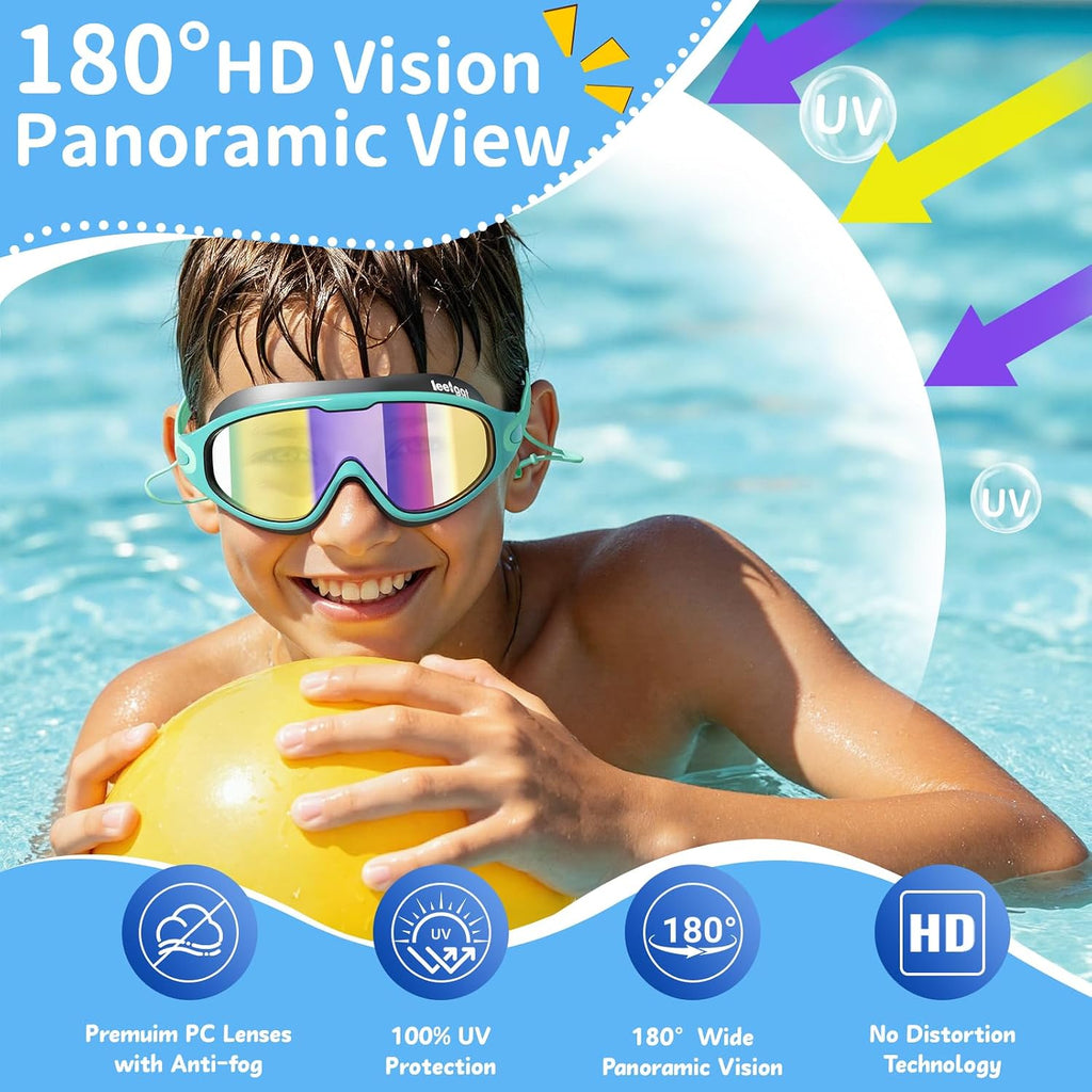 Kids Swim Goggles 2 Pack, Anti-Fog No Leak Swimming Goggles with UV Protection, Wide View Pool Goggles for Boys Girls