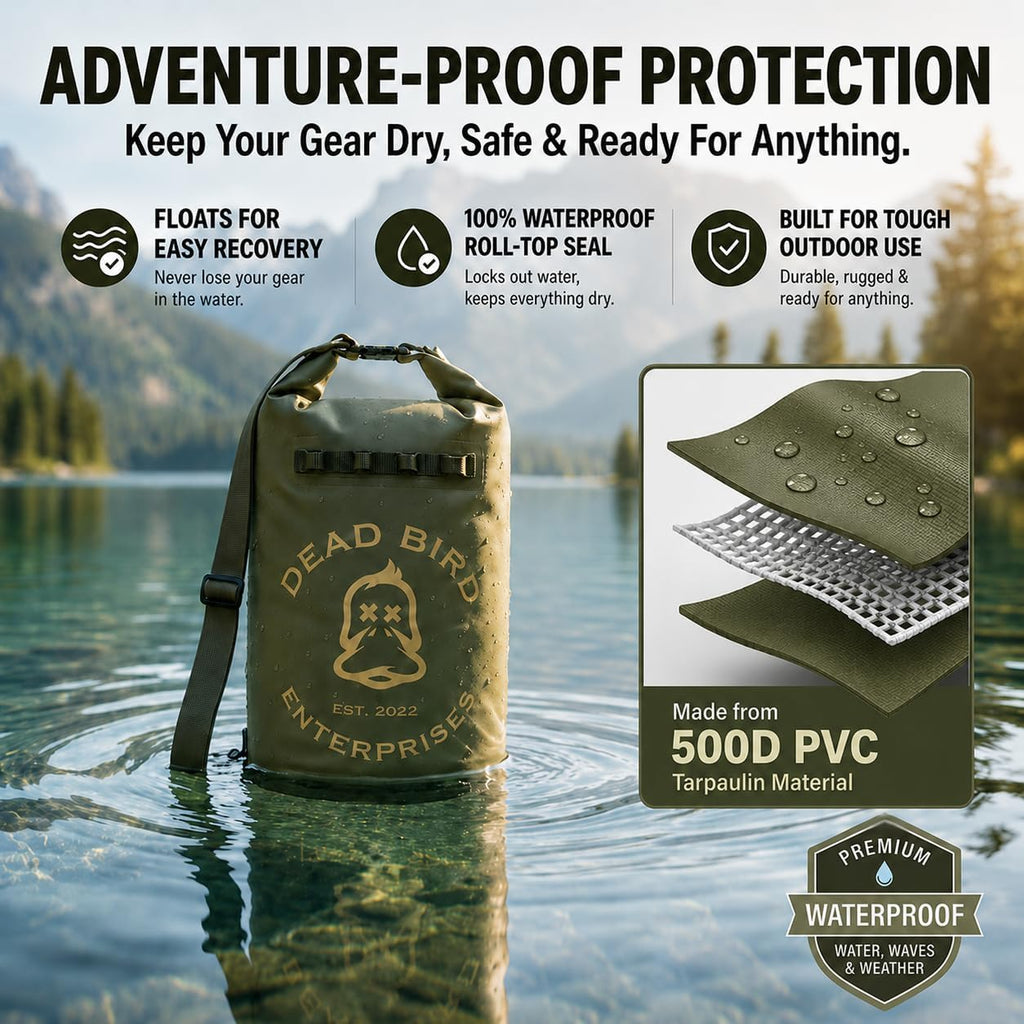 Dead Bird Enterprises Waterproof 20L Dry Bag, Military Green Shell Pouch with Roll Top Closure for Duck Hunting, Kayaking, Camping, Beach, Boating & Fishing, 500D PVC Tarpaulin Waterproof Shell Bag