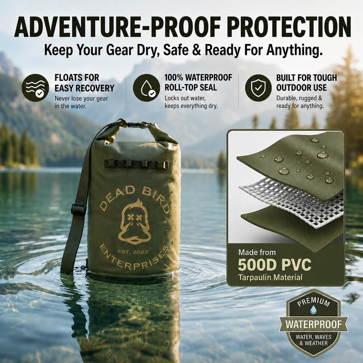Dead Bird Enterprises Waterproof 20L Dry Bag, Military Green Shell Pouch with Roll Top Closure for Duck Hunting, Kayaking, Camping, Beach, Boating & Fishing, 500D PVC Tarpaulin Waterproof Shell Bag