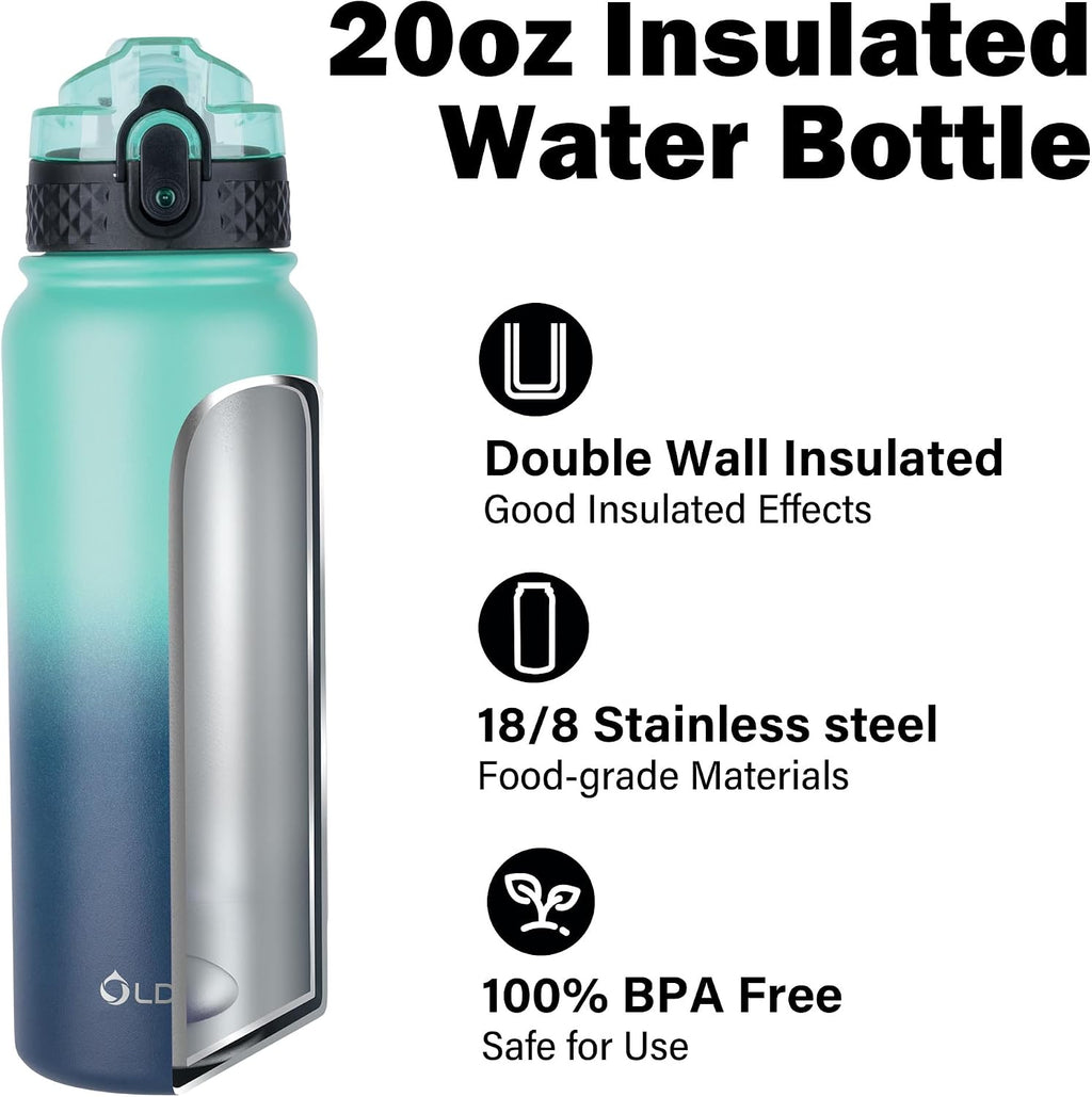 Oldley Insulated Water Bottle 20oz for Adults Kids Stainless Steel Water Bottles with Straw/Chug/Carabiner 3 Lids Fruit Strainer Double Wall Vacuum Wide Mouth BPA Free Leak-Proof for School Travel