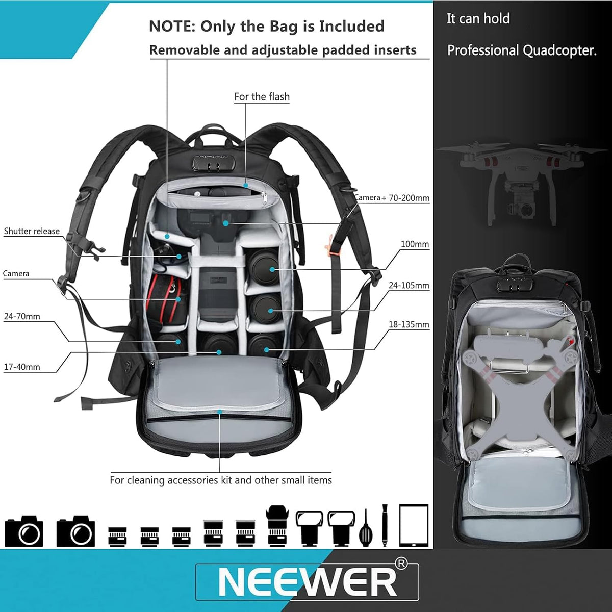 Neewer Pro Camera Case Waterproof Shockproof Adjustable Padded Camera Backpack Bag with Anti-theft Combination Lock for DSLR,DJI Phantom 1 2 3 Professional Drone Tripods Flash Lens and Other Accessory