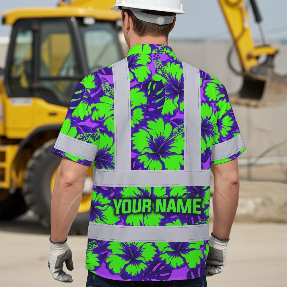 High Visibility Hawaiian Shirt for Men Tropical Shirts Custom Name Floral Outfit Reflective Safety Workwear