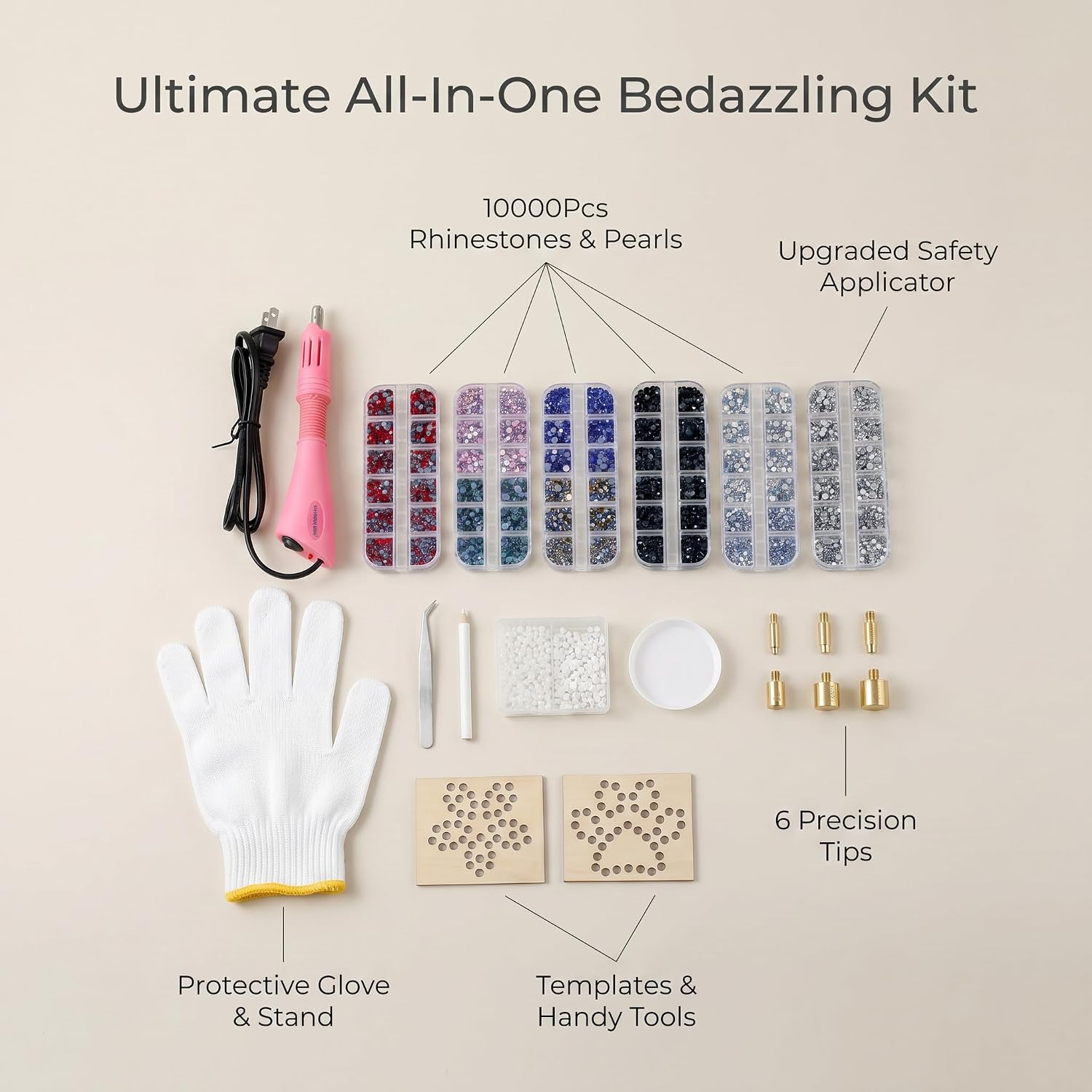 Worthofbest Hot Fix Rhinestone Applicator Tool Kit, 10000Pcs 3/4/5mm Glass Rhinestones & 5mm Hotfix Pearls, Rhinestone Setter with 6 Tips, Stand, Glove, Tray, Templates for Fabric Clothing DIY