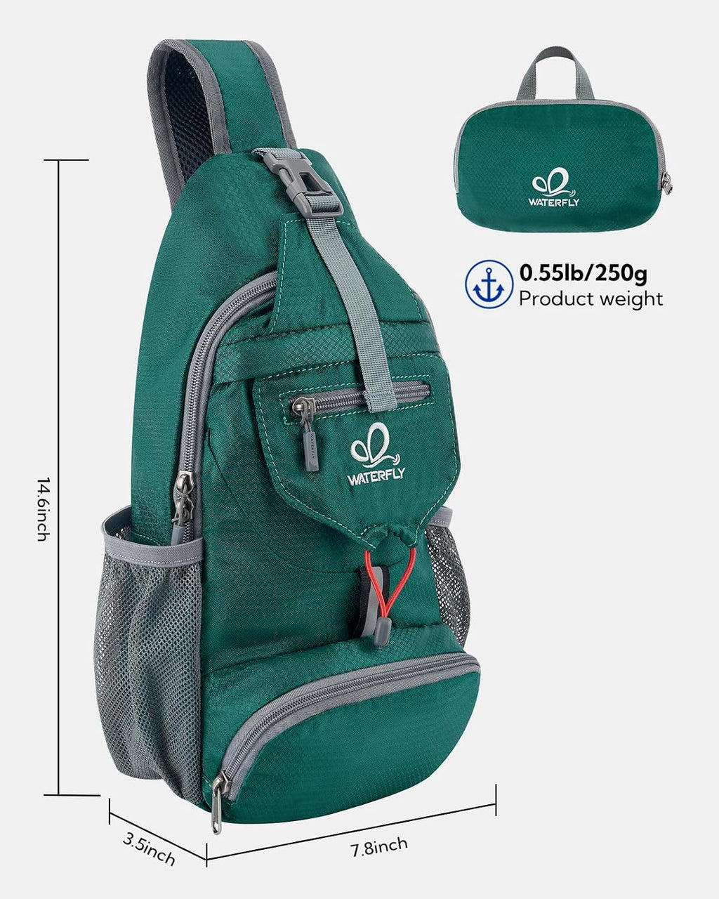 WATERFLY Packable Small Crossbody Sling Backpack Shoulder Chest Bag Daypack for Hiking Traveling