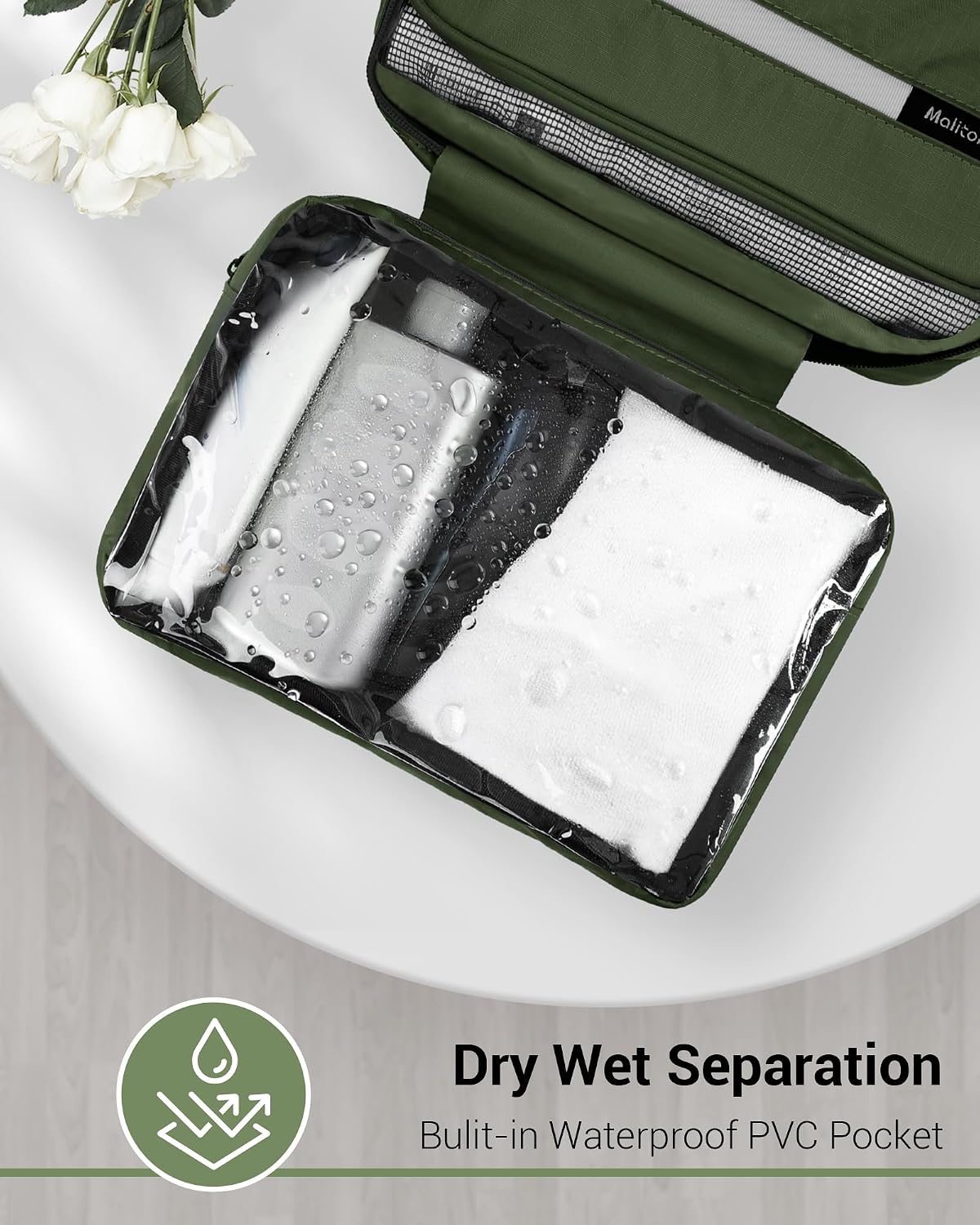 Maliton Toiletry Bag for Men & Women Travel Toiletry Bag Hanging Toiletry Bag Hygiene Organizer with 4 Compartments Waterproof Bathroom Shower Bag Large Toiletries Travel Bag (Olive Green)