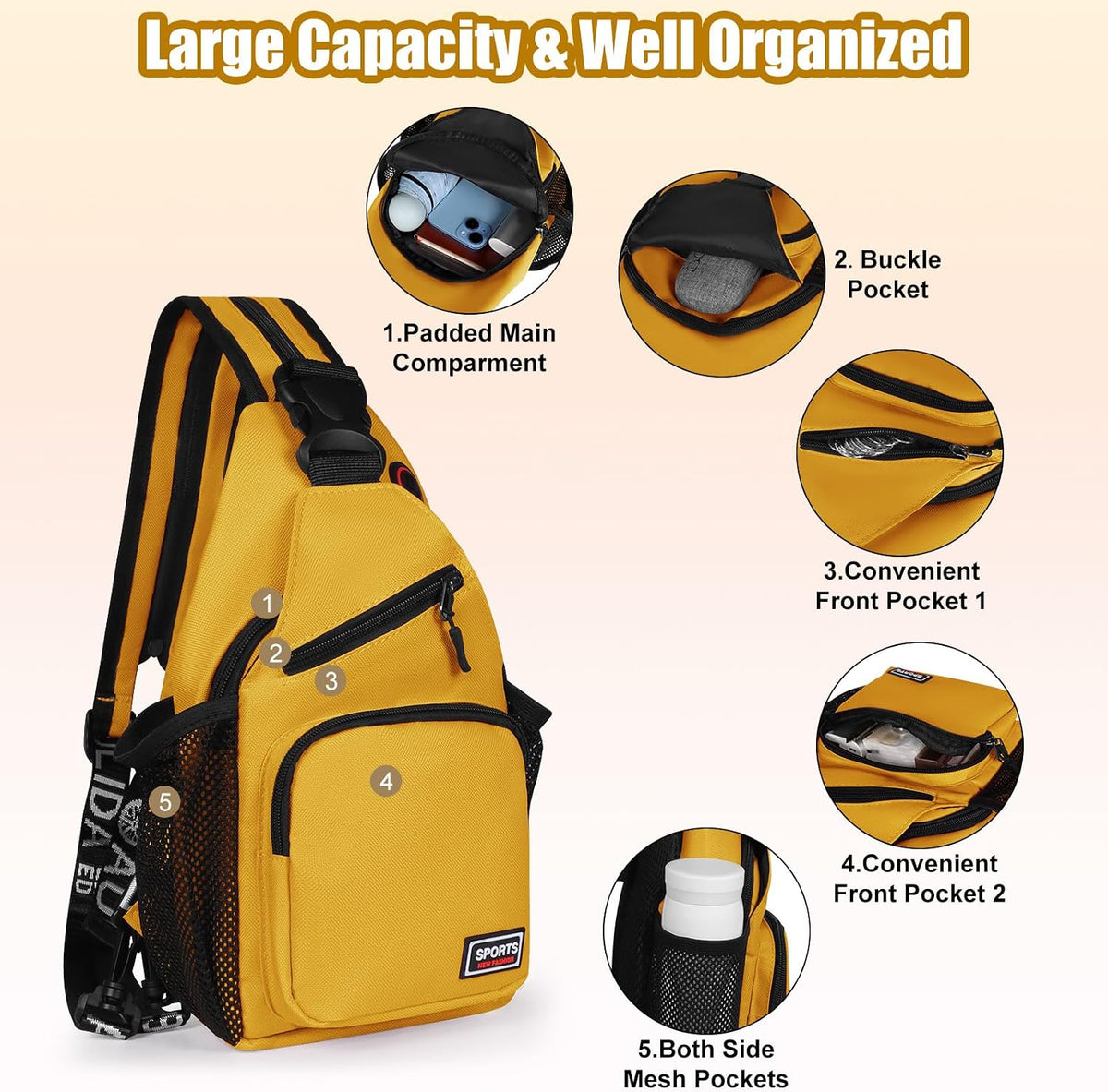 Crossbody Backpack Convertible Sling Bag for Women Men with Adjustable Strap Small Casual Daypack for Hiking Traveling (Small, 11-Inch, Yellow)