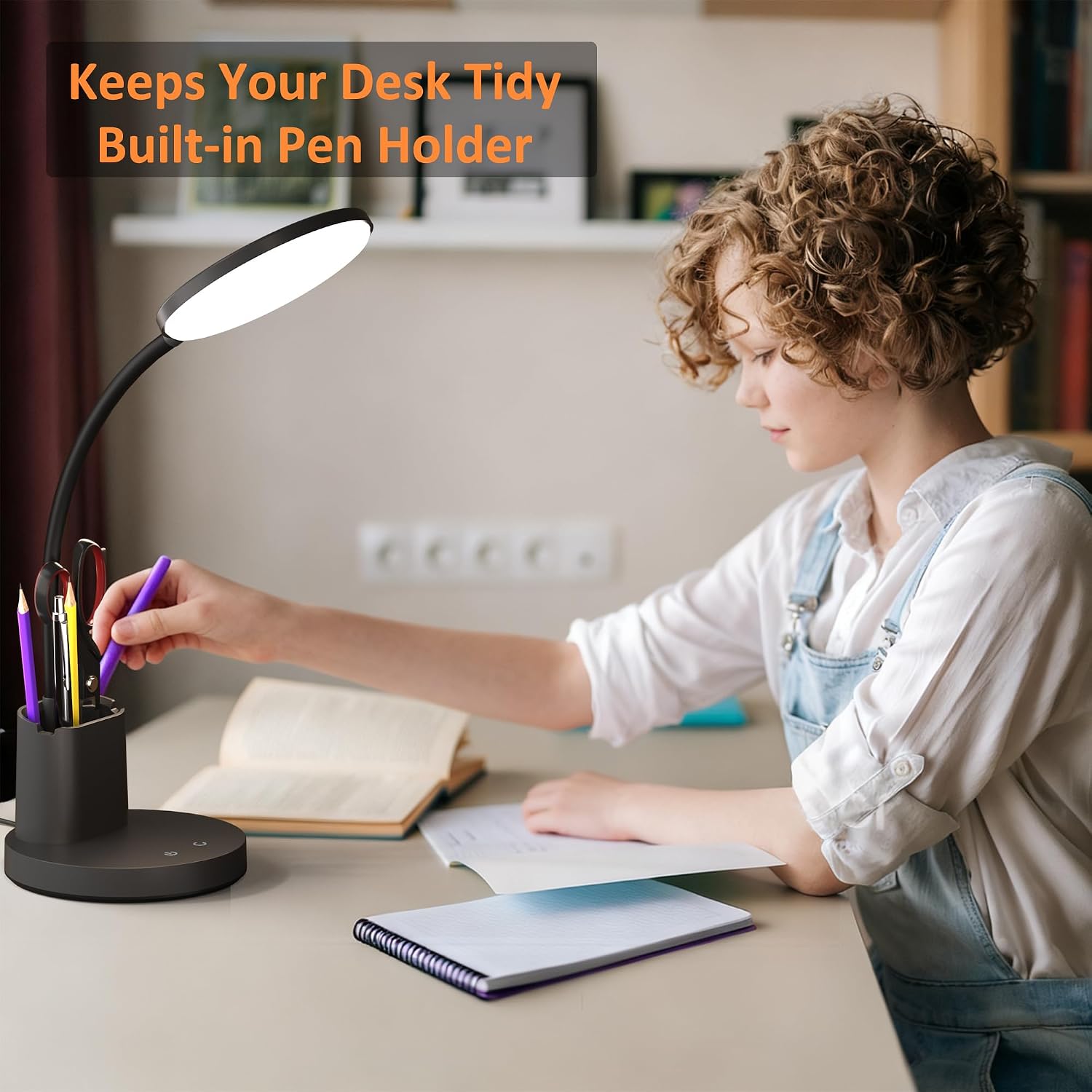 LED Desk Lamp for College Dorm with Pen Phone Holder, Black
