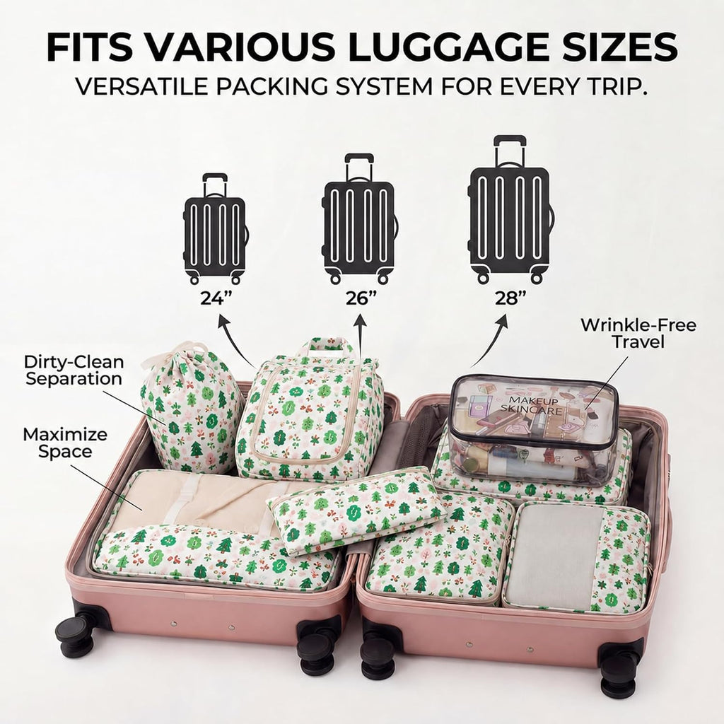 8 Set Packing Cubes for Travel, Durable Luggage Packing Organizers, Carry-On Accessories, TSA Approved See-Through Cubes, Space-Saving Storage Bags, Gifts for Women (Forest Greenery)