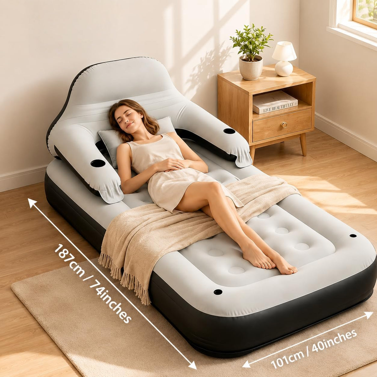 Air Mattress with Headboard and Pillows, Inflatable Blow Up Bed with Flocked Top, Portable Air Bed for Indoor/Outdoor Sleeping Pad for Living Room, Camping, Travel