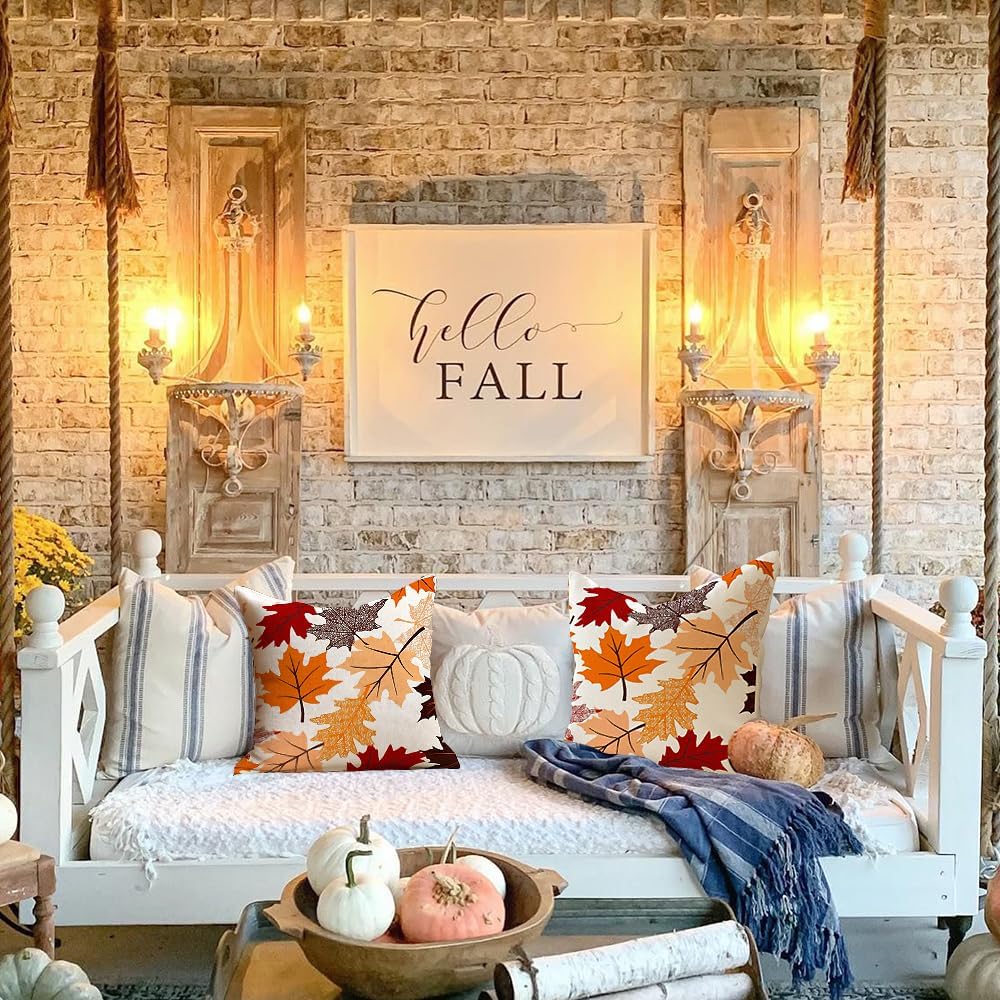 Fall Pillow Covers 18x18 Set of 2,Maple Leaves Outdoor Thanksgiving Autumn