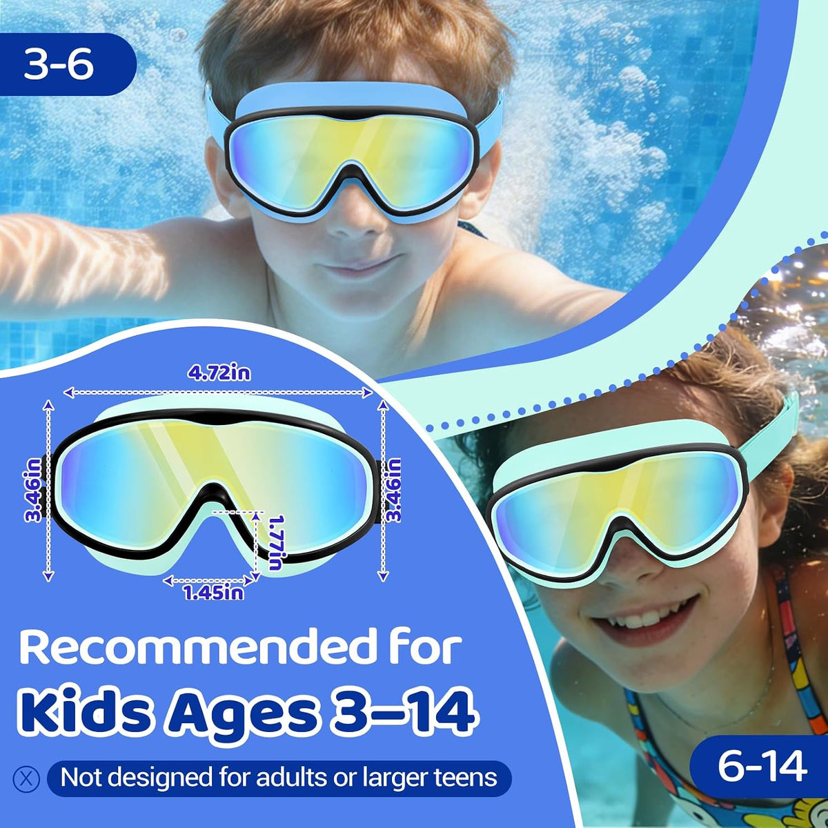 Vvinca Kids Goggles for 3-14, Kids Swim Goggles with Fabric Strap Anti Fog
