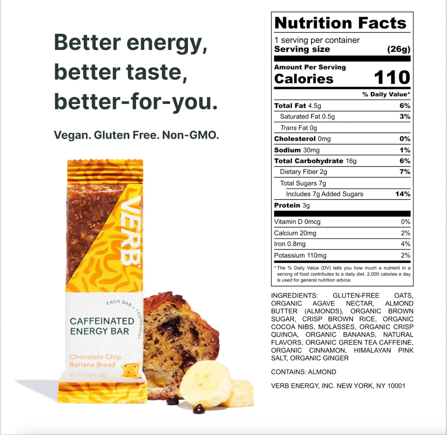 Verb Caffeinated Energy Bars Variety Pack - 2 Flavors (26g, Pack of 16)