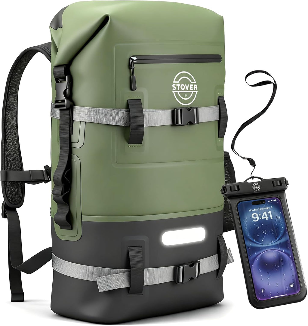 STOVER 30/40/55L Waterproof Dry Backpack & Phone Case- X-Large Floating Dry Bag for Kayaking, Travel, Hiking, Fishing, Camping, Motorcycles & Beach, Heavy-Duty Roll Top Men/Women (Green)