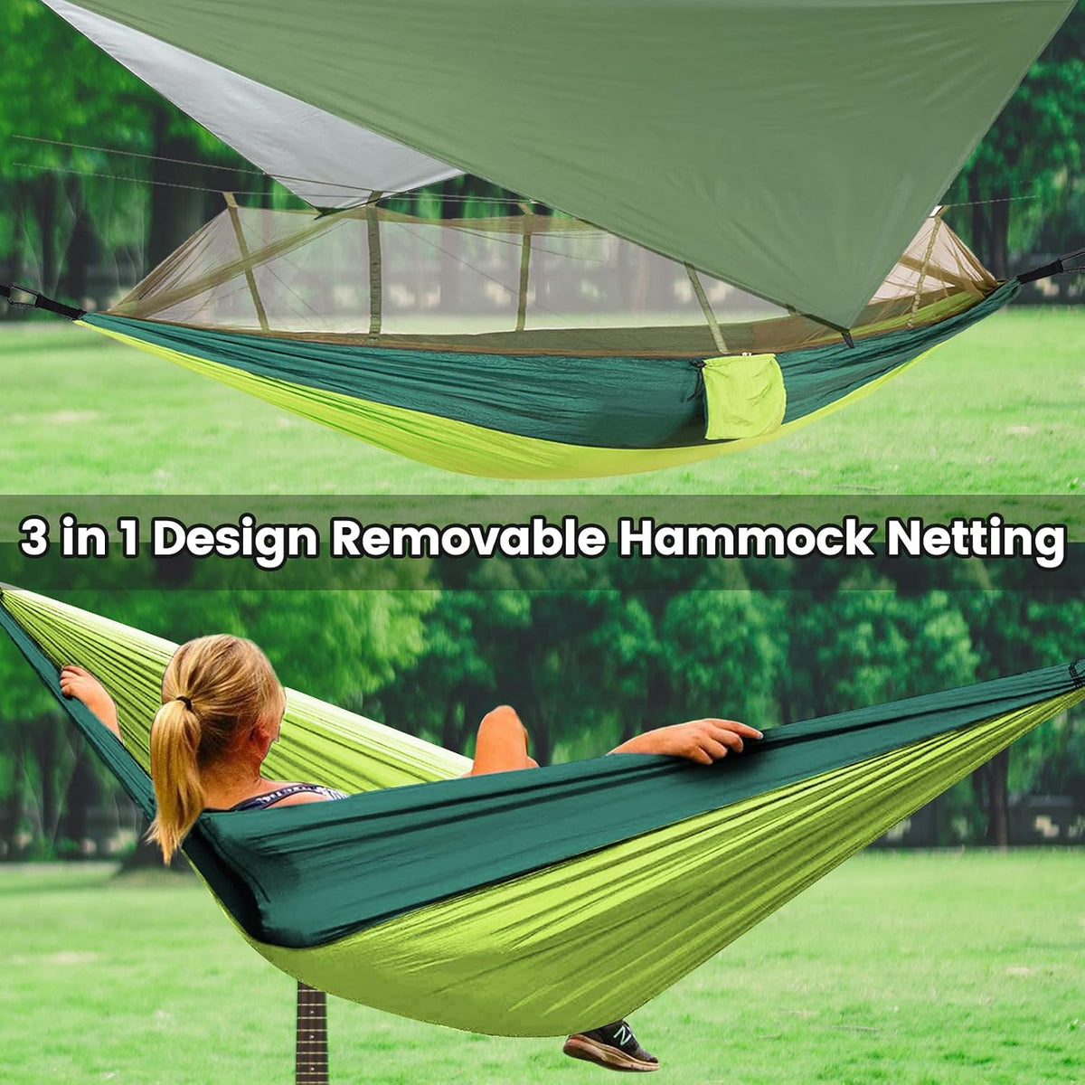 Camping Hammock with Mosquito Net & Rain Fly Tent Tarp & Tree Straps Portable Strong Nylon Hammock Tent w/Storage Bag for Camping Hiking Backyard Outdoor Backpacking Travel