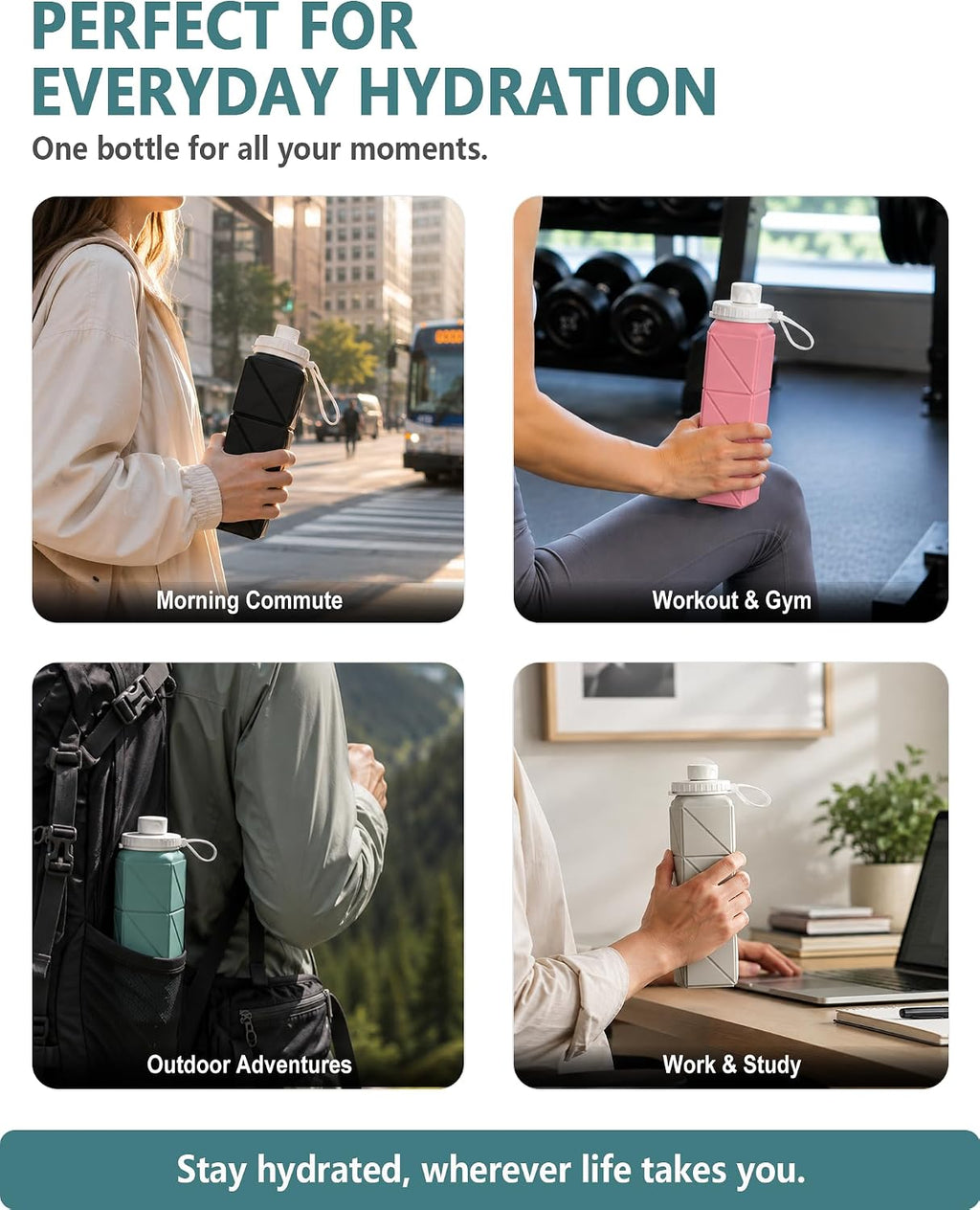BEAUTAIL Collapsible Water Bottles 21oz/610mL, Silicone Travel Water Bottle