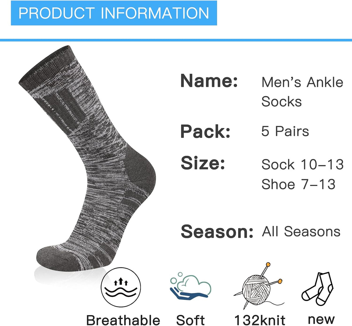 COOVAN Mens Hiking Crew Socks 5 Pairs Moisture Wicking Cushioned Boot Socks