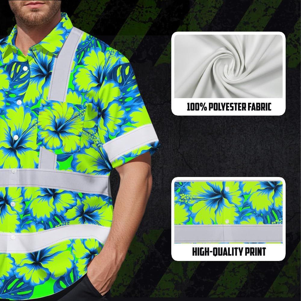 High Visibility Hawaiian Shirt for Men Tropical Shirts Custom Name Floral Outfit Reflective Safety Workwear