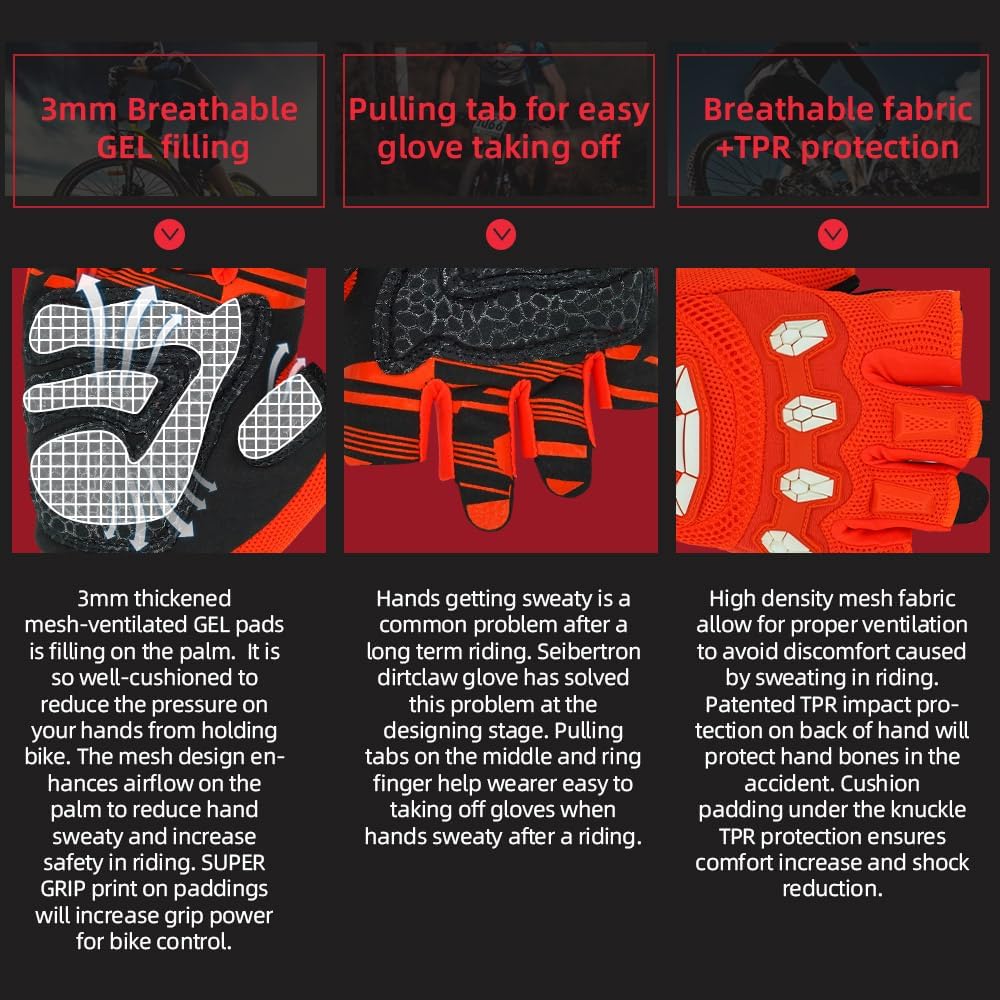 Seibertron Unisex BMX MX ATV MTB Racing Mountain Bike Bicycle Cycling Off-Road/Dirt Bike Gloves Road Racing Motorcycle Motocross Sports Gloves Touch Recognition Full Finger Glove
