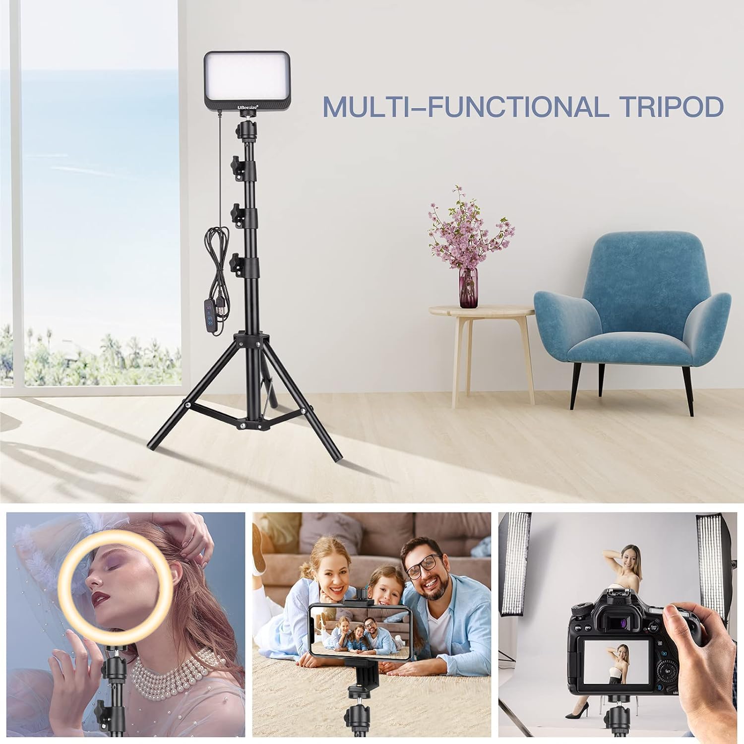 UBeesize LED Video Light Kit, 2Pcs Dimmable Continuous Portable Photography Lighting with Adjustable Tripod Stand & 5 Color Filters for Tabletop/Low-Angle Shooting, for Zoom, Game Streaming, YouTube