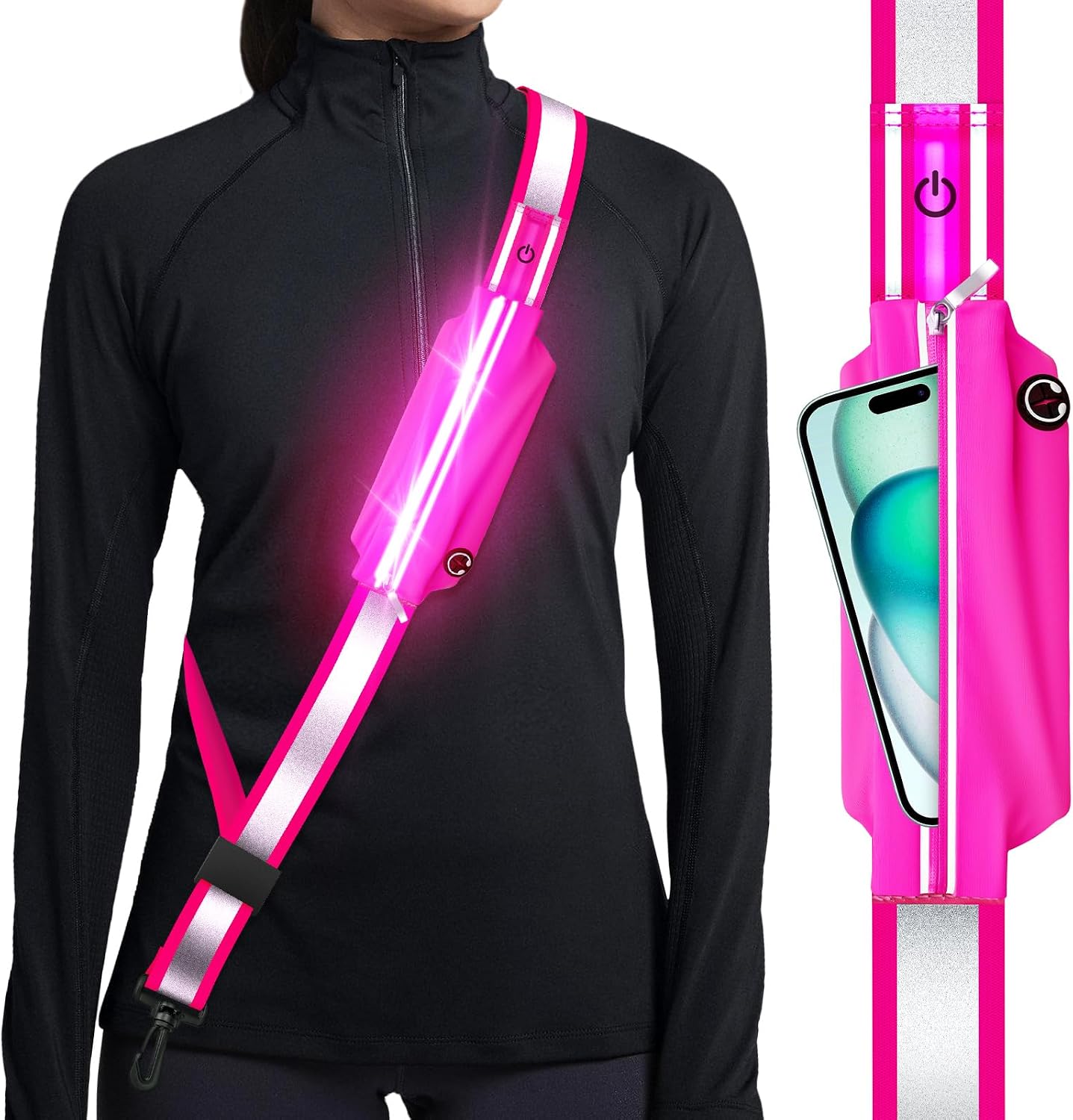 Ylzzrs Reflective Sash Gear for Walking at Night,LED Reflective Belt Safety Lights,Lights for Night Dog Walking,High Visibility Type-C Rechargeable with Phone Holder for Men Women