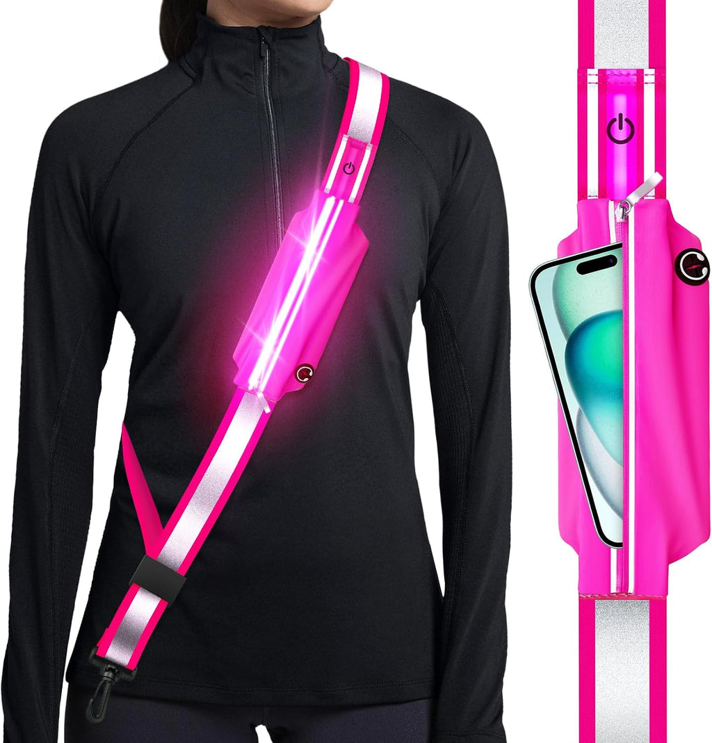 Ylzzrs Reflective Sash Gear for Walking at Night,LED Reflective Belt Safety Lights,Lights for Night Dog Walking,High Visibility Type-C Rechargeable with Phone Holder for Men Women