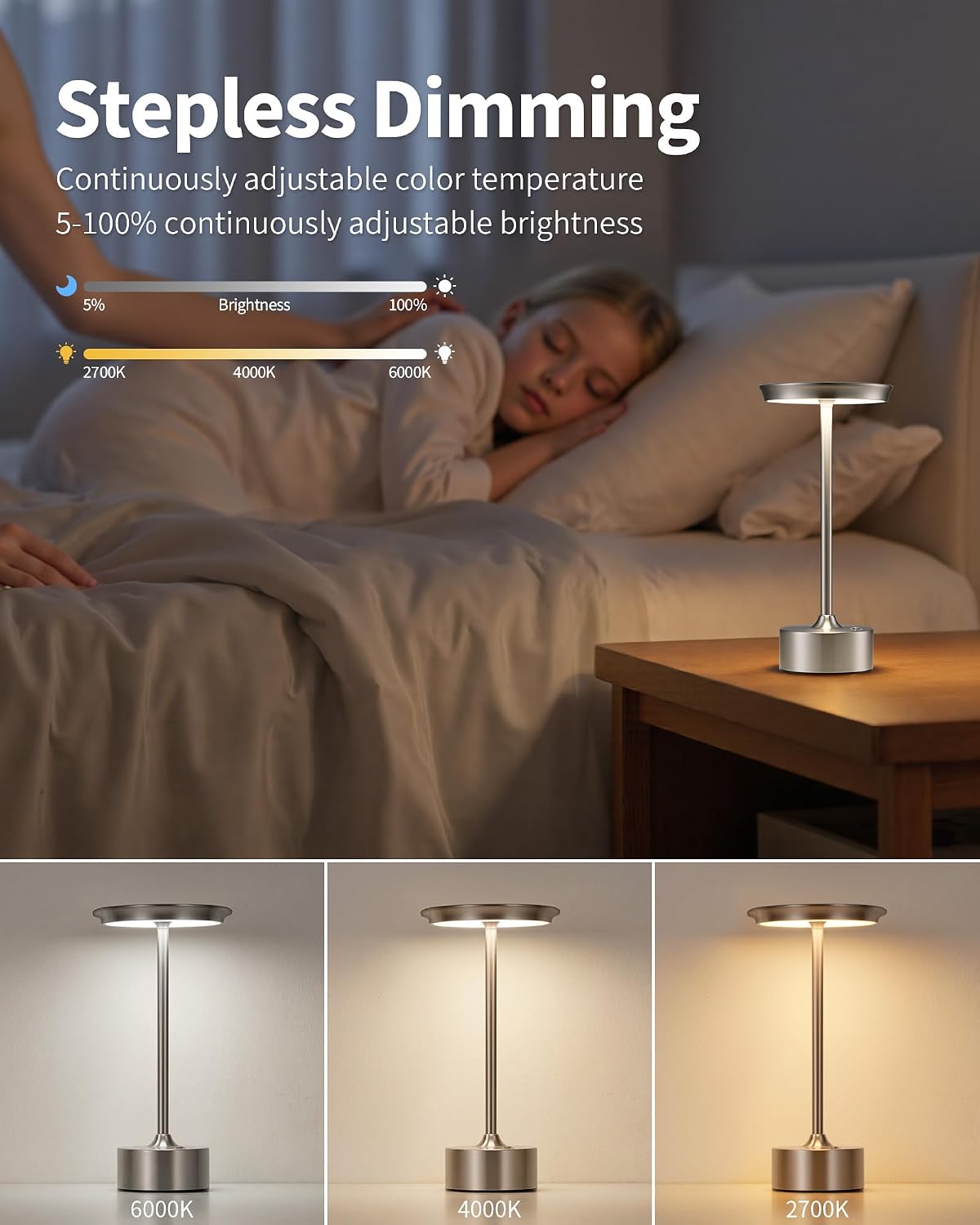 PUSU Rechargeable Table Lamps Set of 2, Nickel Cordless Portable Desk Lamp