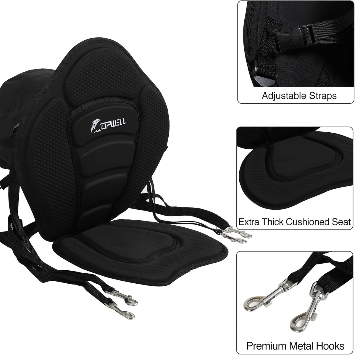 UPWELL Universal Kayak Seat with Storage Bag & 4 Adjustable Strap, Paddle Board Seat with Memory Foam Padded and Backrest for Kayak, Canoe, Sup