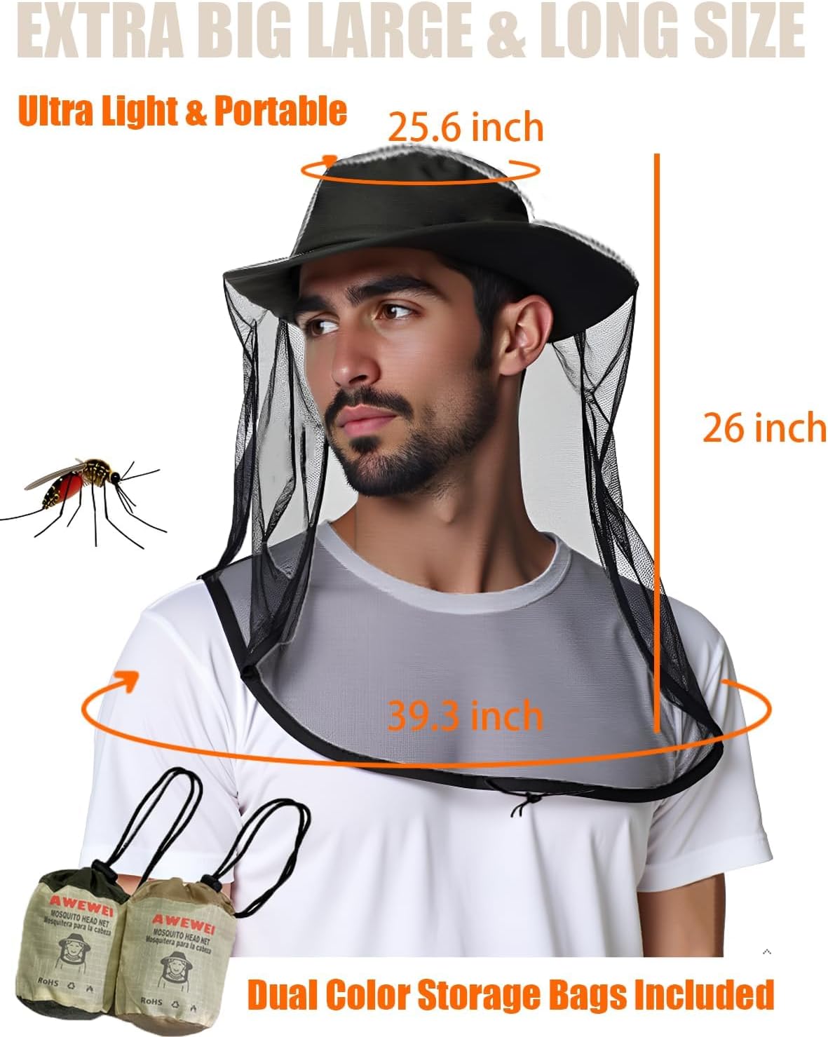 Mosquito Head Net,2 Pack Ultra Fine Ice Silk Cooling Large Long Mesh
