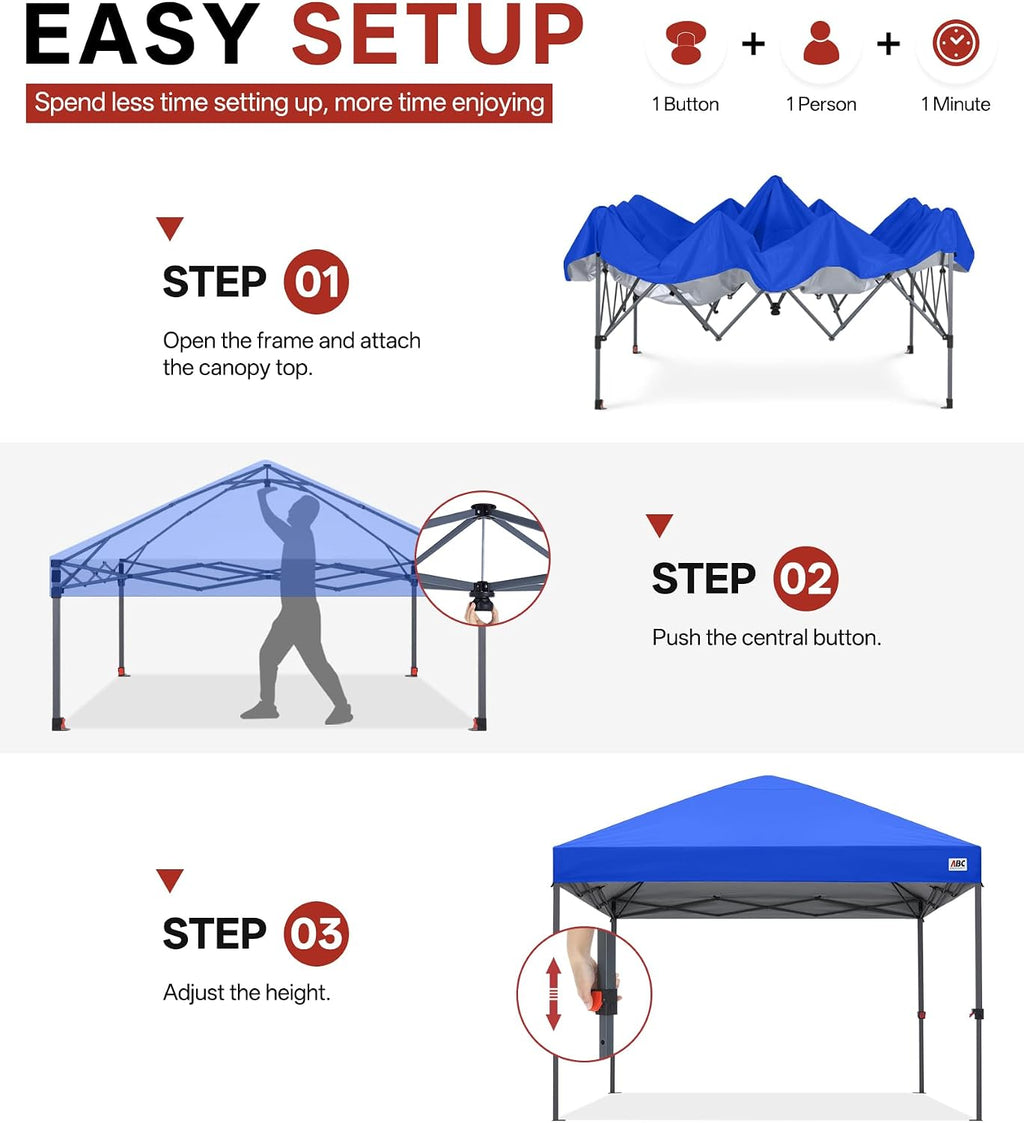 ABCCANOPY 10x10 Pop Up Canopy Tent, Easy Setup Instant Canopy with Wheeled Bag, Heavy Duty Outdoor Canopy for Beach, Market, Backyard, UV Protection, Outdoor Weather Protection (Royal Blue, 10x10)