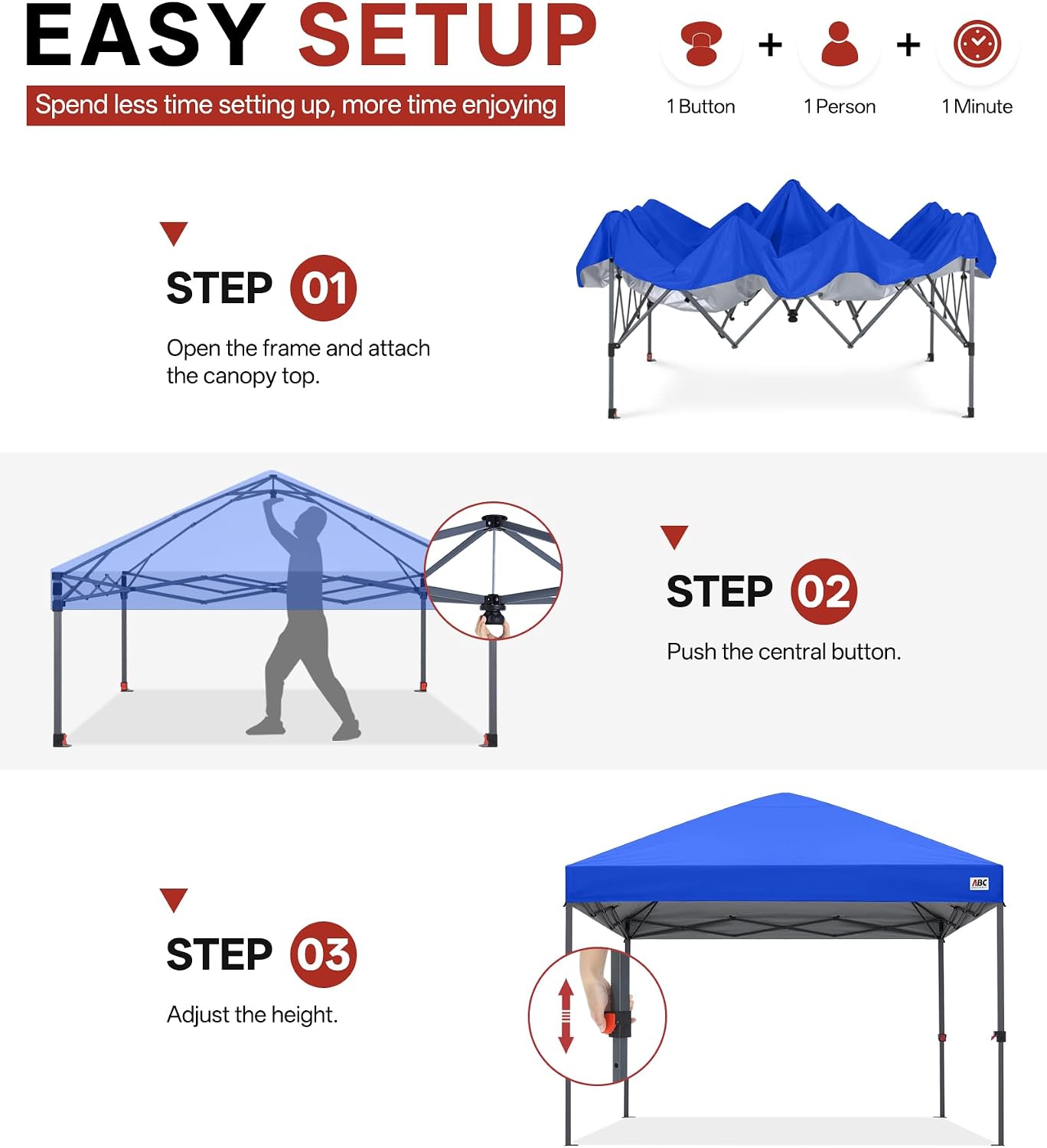 ABCCANOPY 10x10 Pop Up Canopy Tent, Easy Setup Instant Canopy with Wheeled Bag, Heavy Duty Outdoor Canopy for Beach, Market, Backyard, UV Protection, Outdoor Weather Protection (Royal Blue, 10x10)