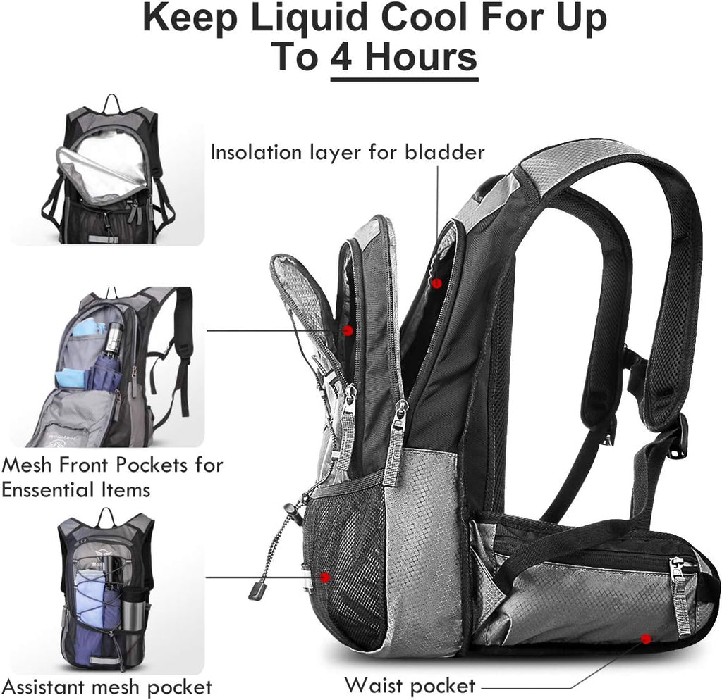 Mothybot Hydration Pack, Insulated Hydration Backpack with 2L BPA Free Water Bladder and Storage, Hiking Backpack for Men, Women, Kids for Running, Cycling, Camping - Keep Liquid Cool up to 5 Hours