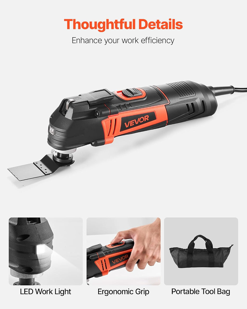 VEVOR Oscillating Tool Multitool, 4Amps Electric Oscillating Multi Tool Corded with 6 Variable Speeds 7000-19000 OPM, 3.2° Oscillating Angle, 13PCS Saw Accessories, LED Work Light & Tool Bag