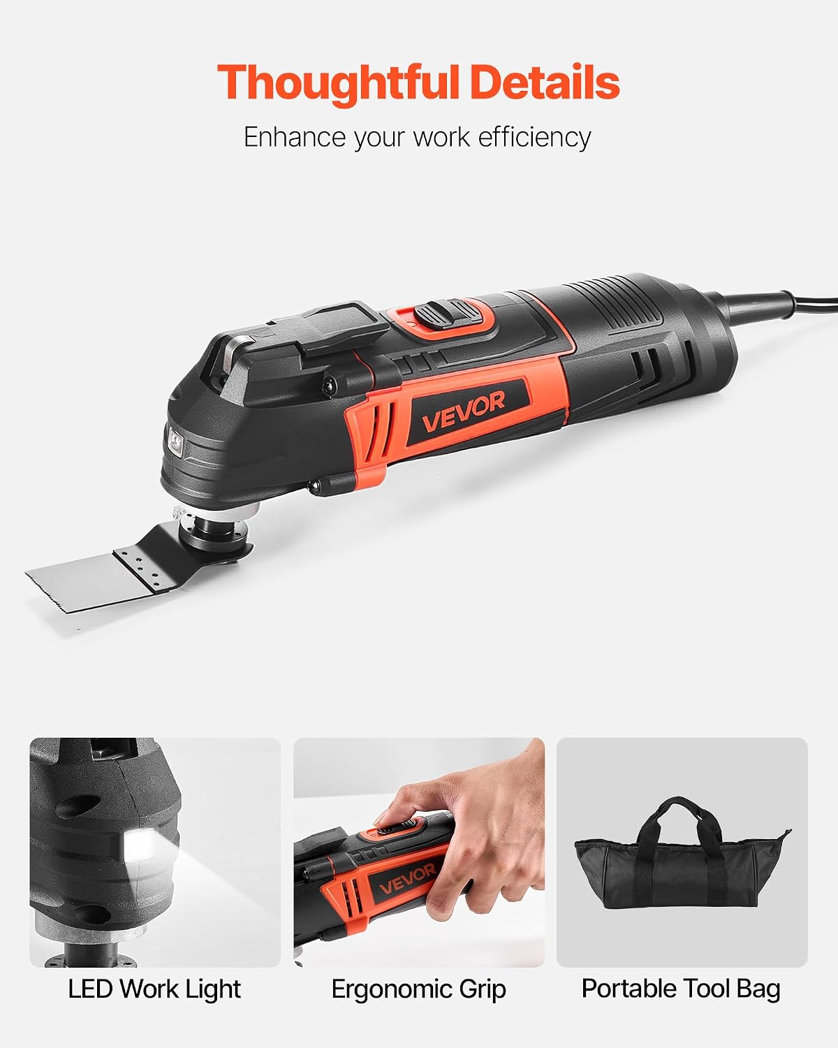 VEVOR Oscillating Tool Multitool, 4Amps Electric Oscillating Multi Tool Corded with 6 Variable Speeds 7000-19000 OPM, 3.2° Oscillating Angle, 13PCS Saw Accessories, LED Work Light & Tool Bag