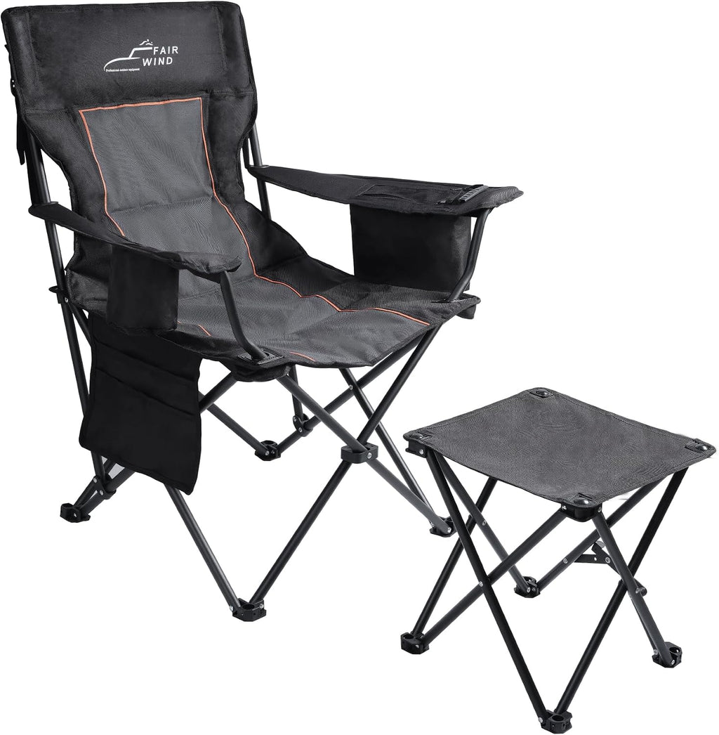 FAIR WIND Oversized Padded Camping Chair with Footrest Stool Set Heavy Duty Support 300 LBS Cooler Bag - Black Grey