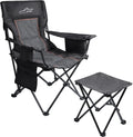 FAIR WIND Oversized Padded Camping Chair with Footrest Stool Set Heavy Duty Support 300 LBS Cooler Bag - Black Grey