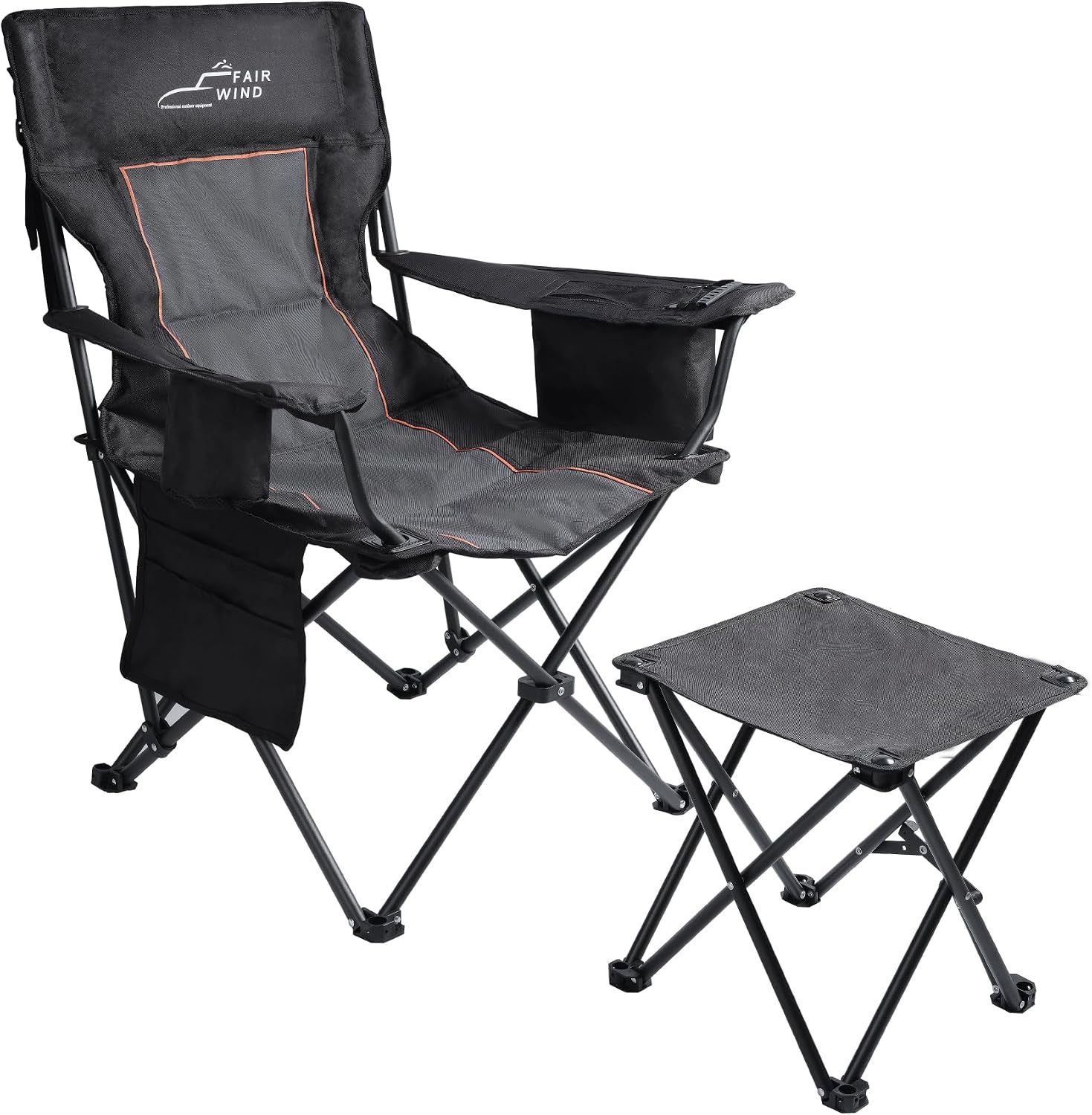 FAIR WIND Oversized Padded Camping Chair with Footrest Stool Set Heavy Duty Support 300 LBS Cooler Bag - Black Grey